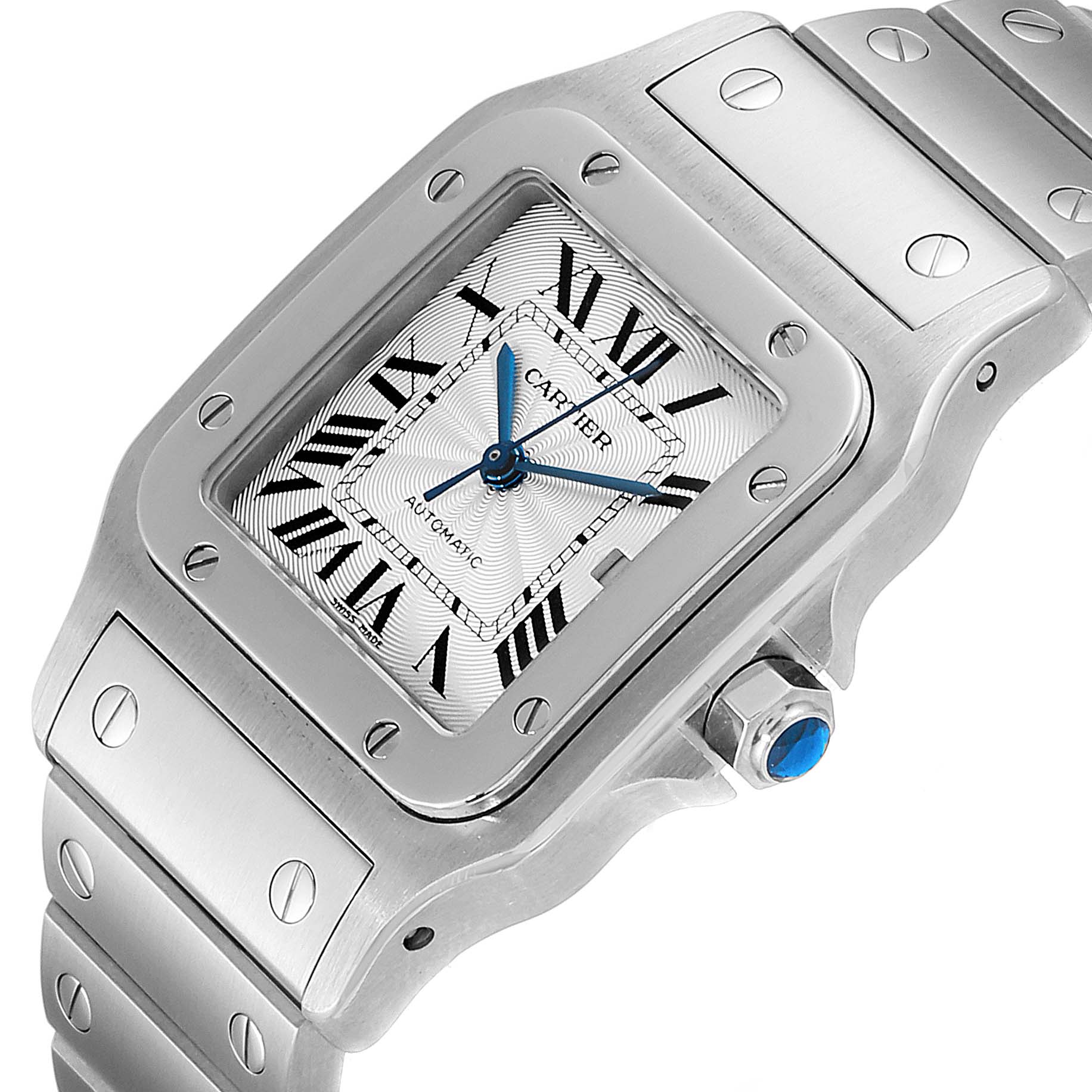 The image shows a close-up of the Cartier Santos W20055D6 Men's Stainless Steel Silver Dial W20055D6 Men's Stainless Steel Silver Dial model watch, highlighting the dial, bezel, crown, and part of the bracelet.