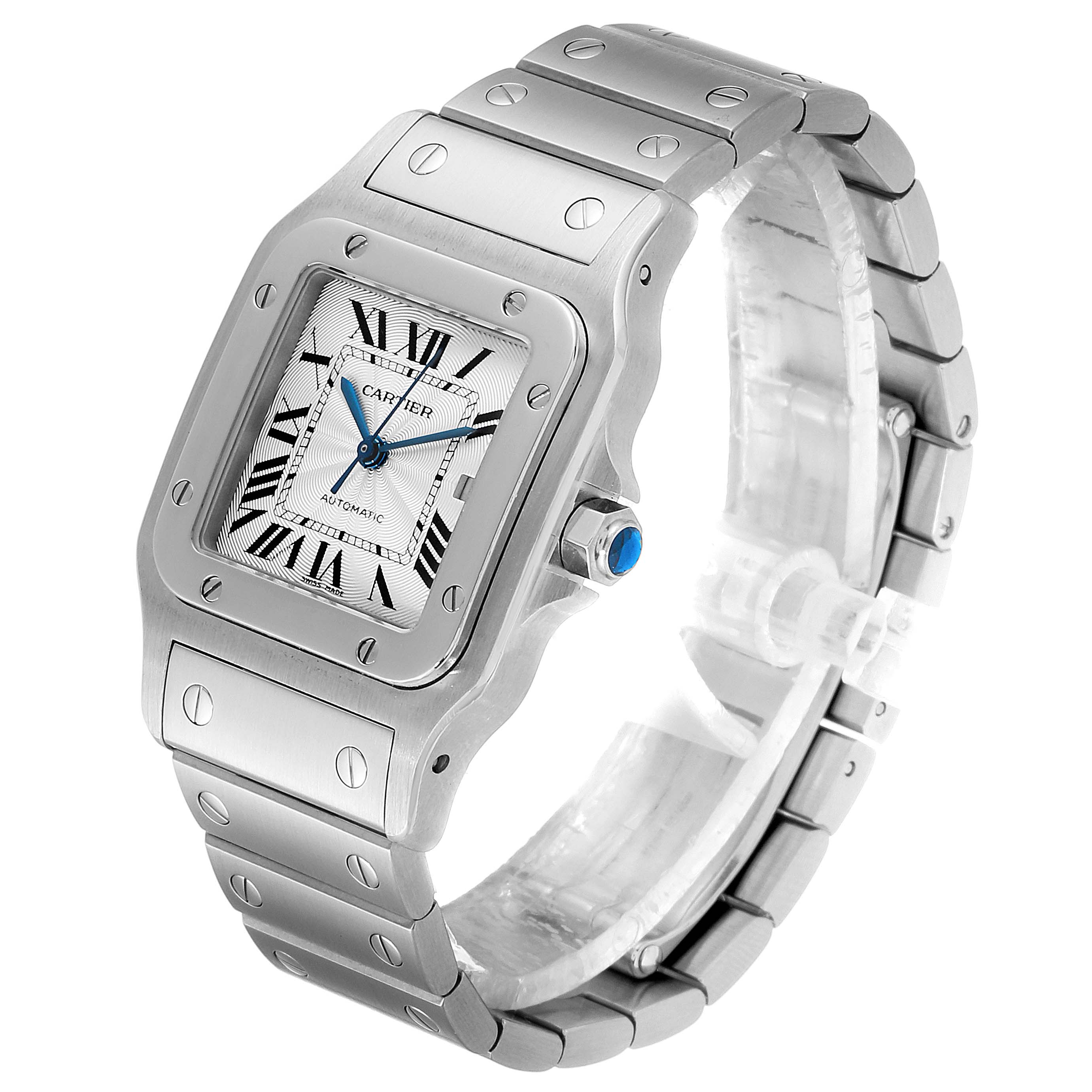 The image shows a Cartier Santos W20055D6 Men's Stainless Steel Silver Dial W20055D6 Men's Stainless Steel Silver Dial model watch from an angled top side view, highlighting the face, bezel, and bracelet.