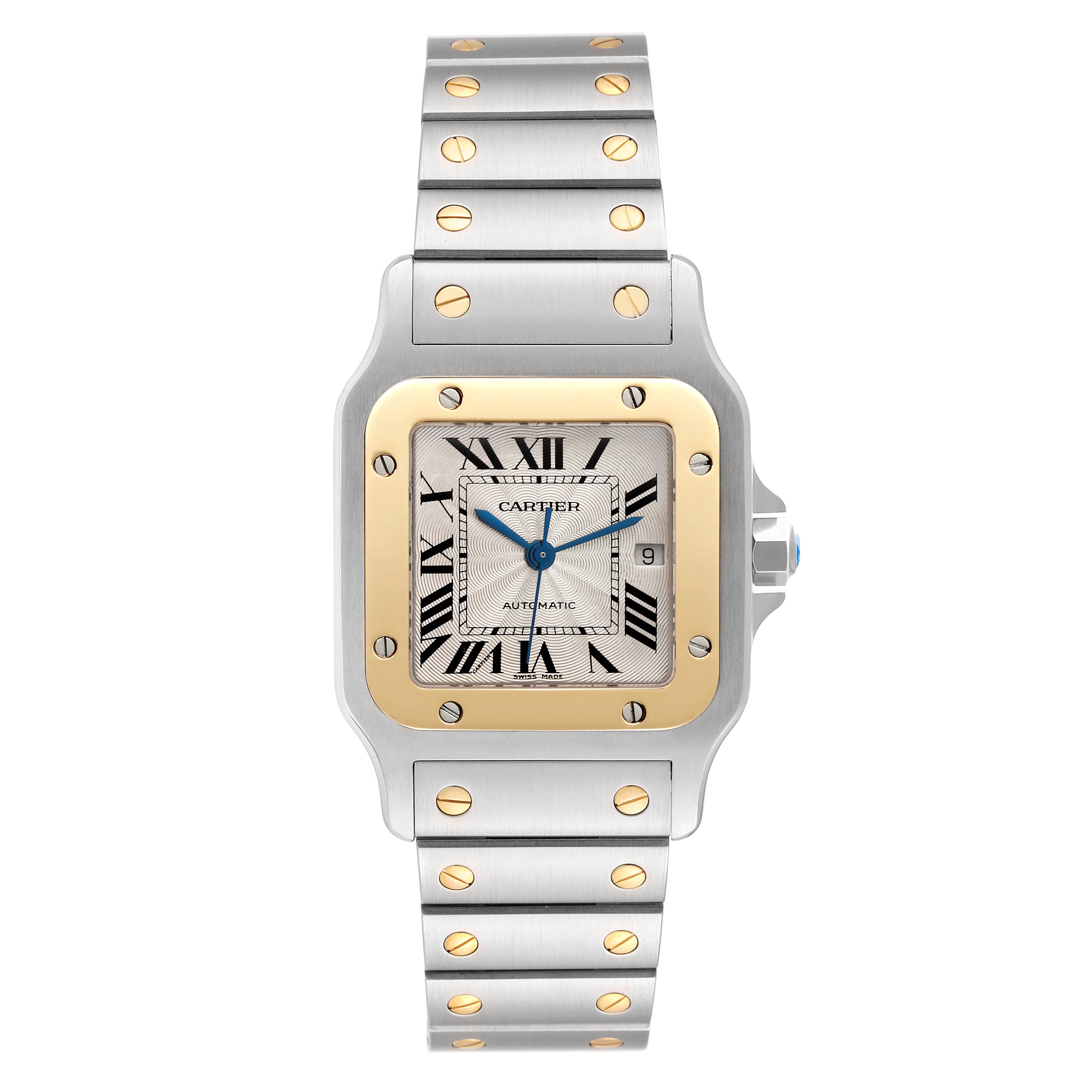The image shows a Santos model by Cartier from a front angle, highlighting the dial, bezel, and bracelet.