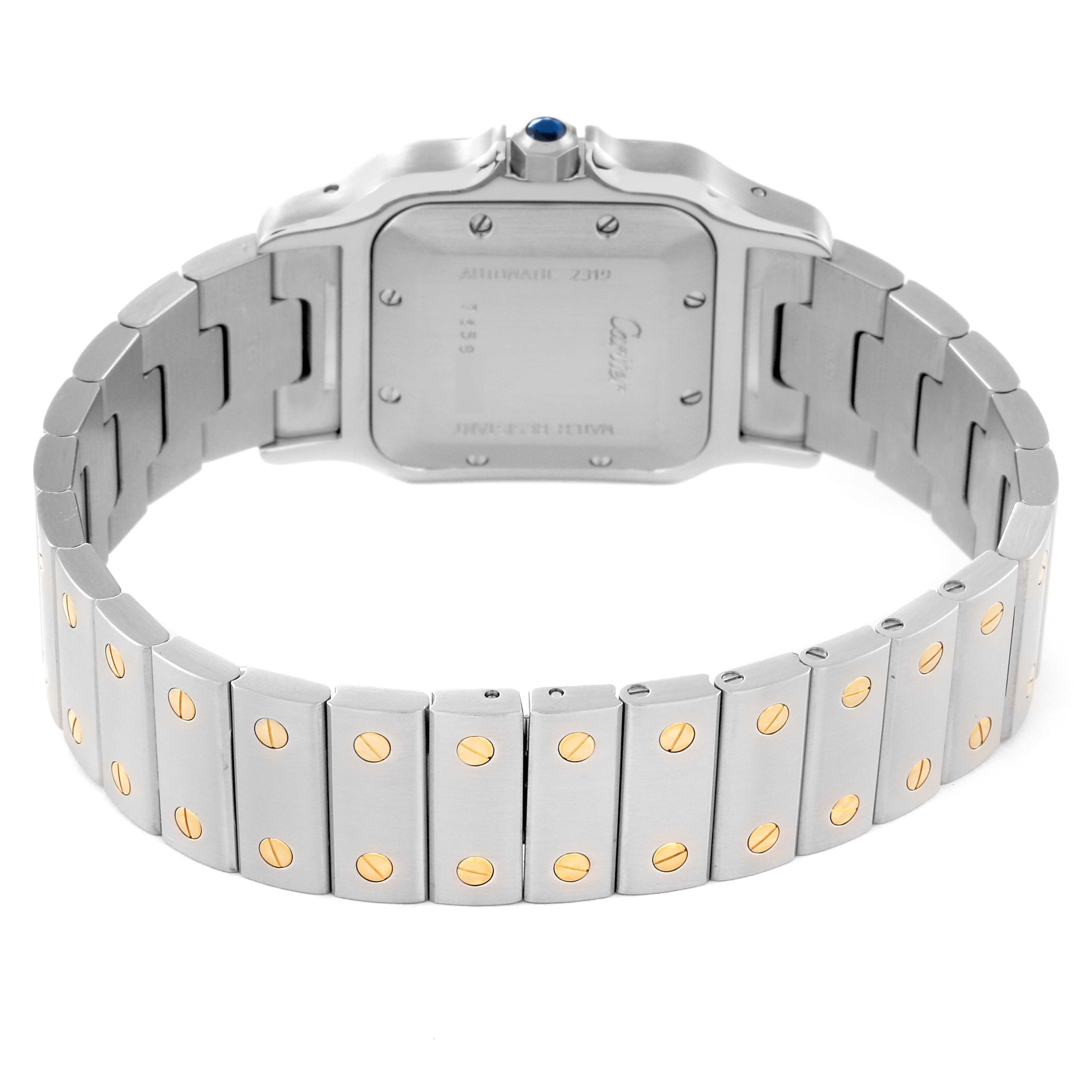 This image shows the back view of a Santos model by Cartier, featuring its stainless steel bracelet with gold screw accents.