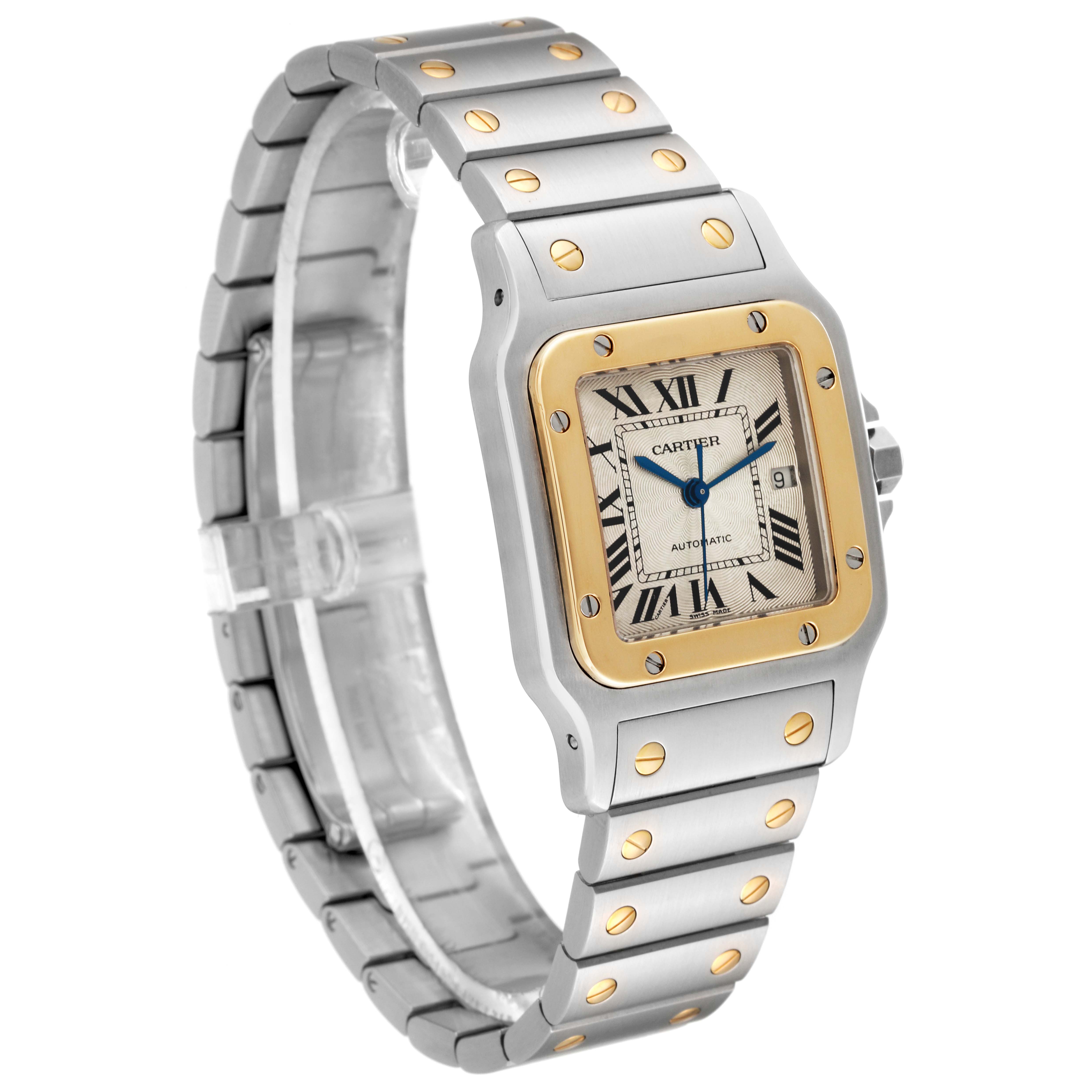 This image shows a side and front view of the Cartier Santos W20058C4 Men
s Steel and Gold (two tone) Silver Dial W20058C4 Men
s Steel and Gold (two tone) Silver Dial watch, highlighting its dial, bezel, bracelet, and clasp.