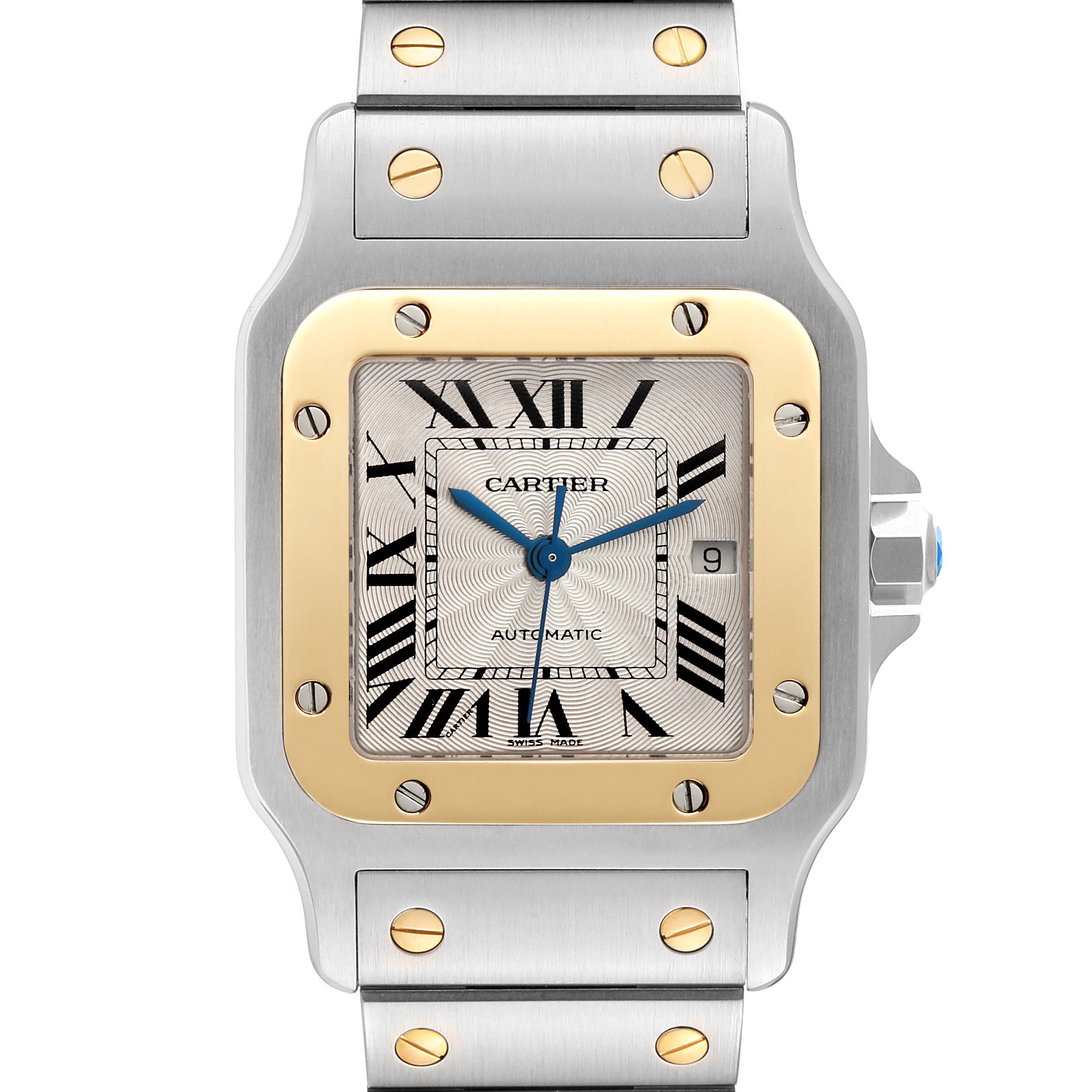 The Cartier Santos W20058C4 Men
s Steel and Gold (two tone) Silver Dial W20058C4 Men
s Steel and Gold (two tone) Silver Dial watch is shown from a front angle, displaying its dial, bezel, and part of the bracelet.