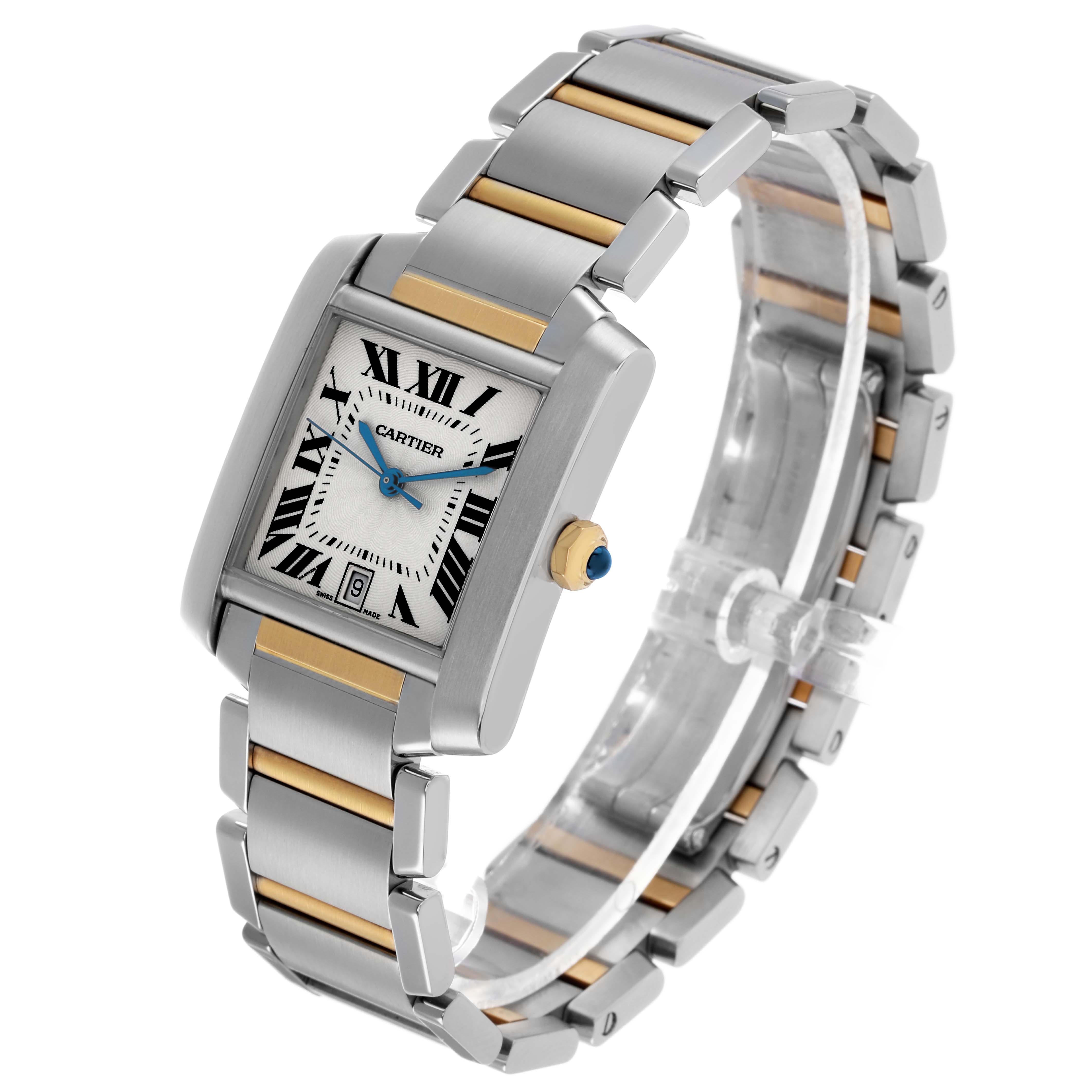 The Cartier Tank Française watch is shown at a slight angle, displaying the face, bracelet, and side crown.