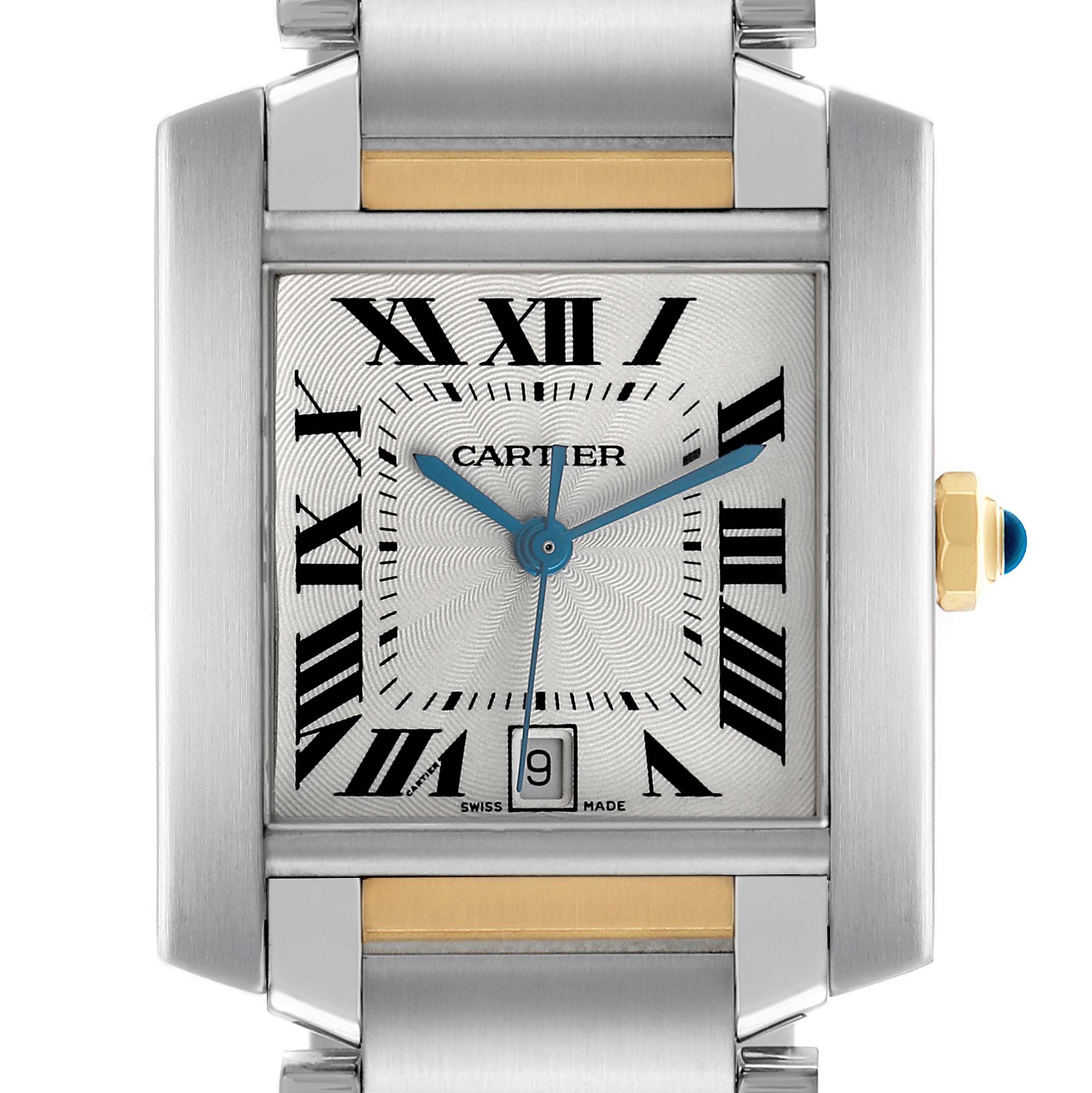 The Cartier Tank Francaise W51005Q4 Men's Stainless Steel Silver Dial watch is shown from the front, highlighting its square face, Roman numerals, and date window.
