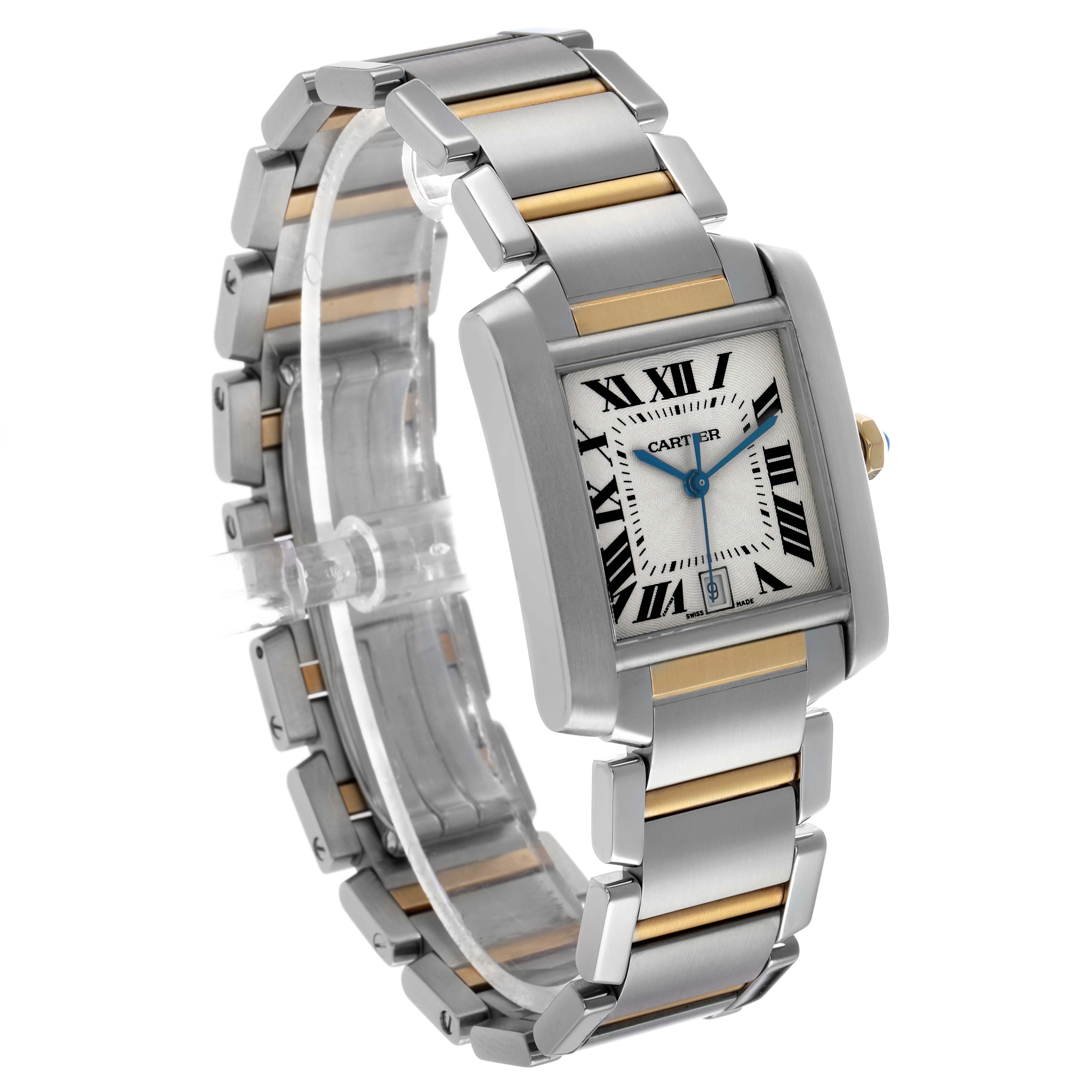 The Cartier Tank Francaise W51005Q4 Men's Stainless Steel Silver Dial watch is shown at a three-quarter angle, displaying its face, metal band, and clasp.