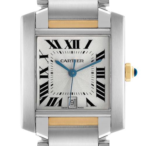 The Cartier Tank Francaise W51005Q4 Men's Stainless Steel Silver Dial watch is shown from a front angle, displaying its dial, crown, and part of the bracelet.