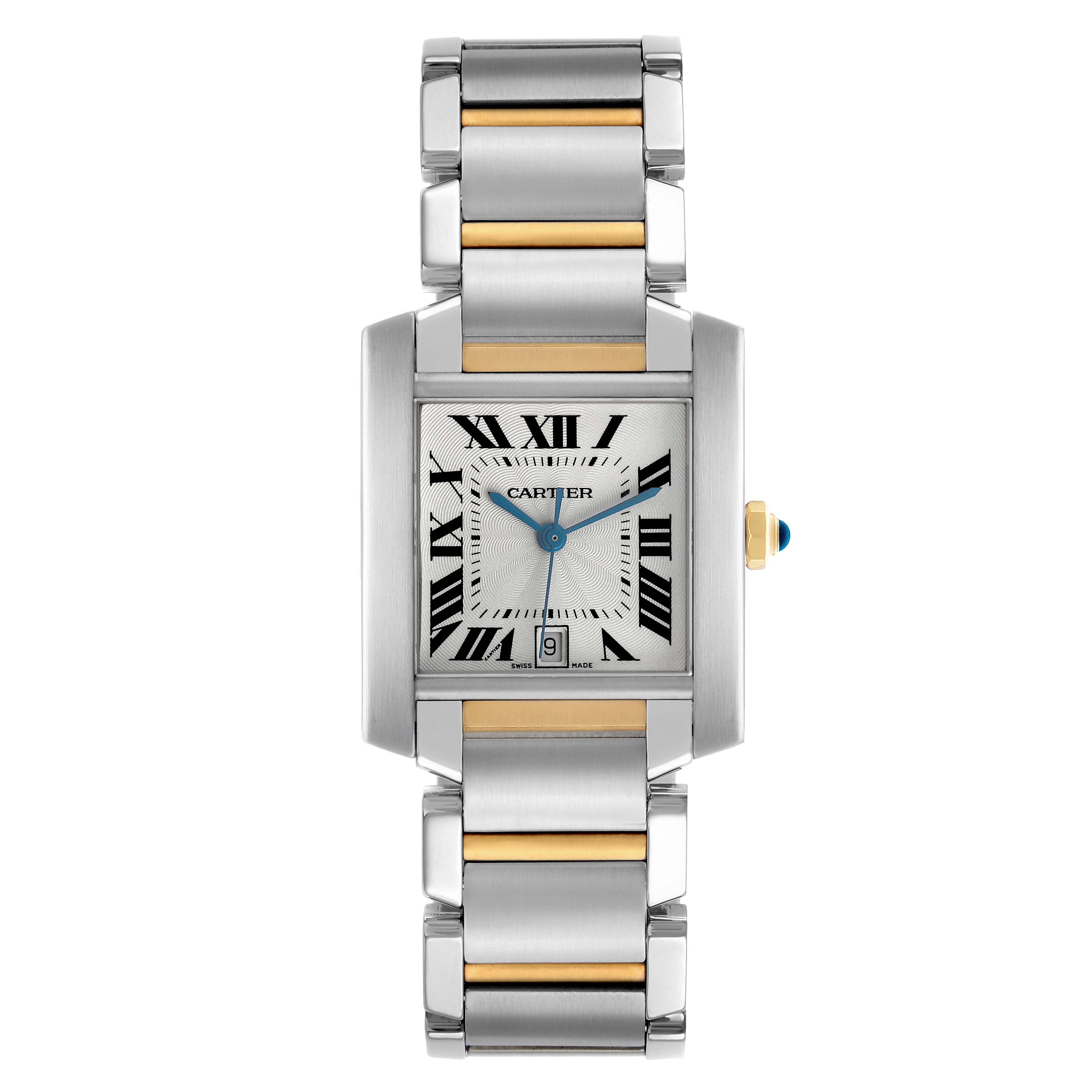 The Cartier Tank Francaise W51005Q4 Men's Stainless Steel Silver Dial watch is shown from a front angle, featuring its face and full bracelet in silver and gold tones.