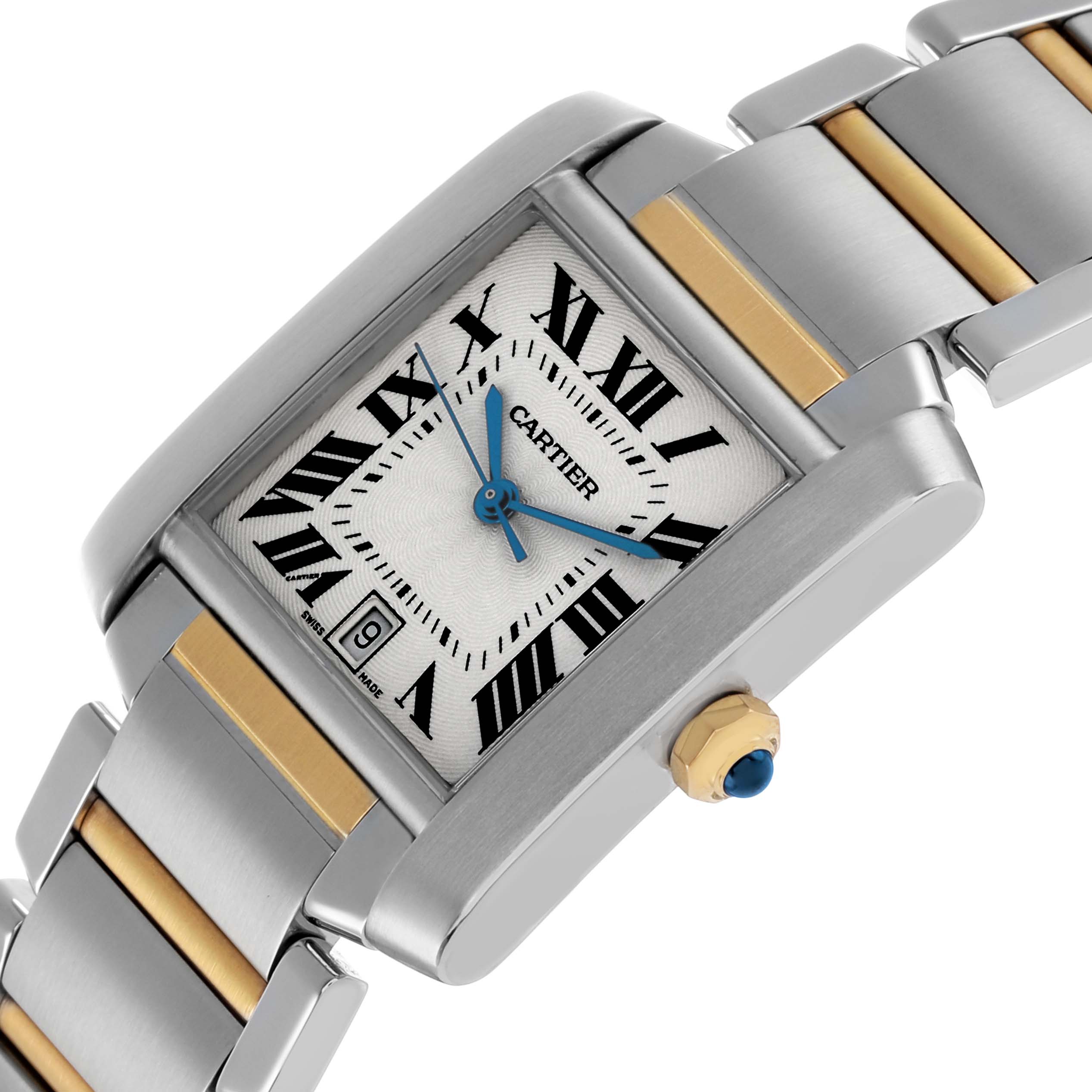 The Cartier Tank Francaise W51005Q4 Men's Stainless Steel Silver Dial watch is shown at an angled view, highlighting the face, Roman numerals, and dual-tone bracelet.