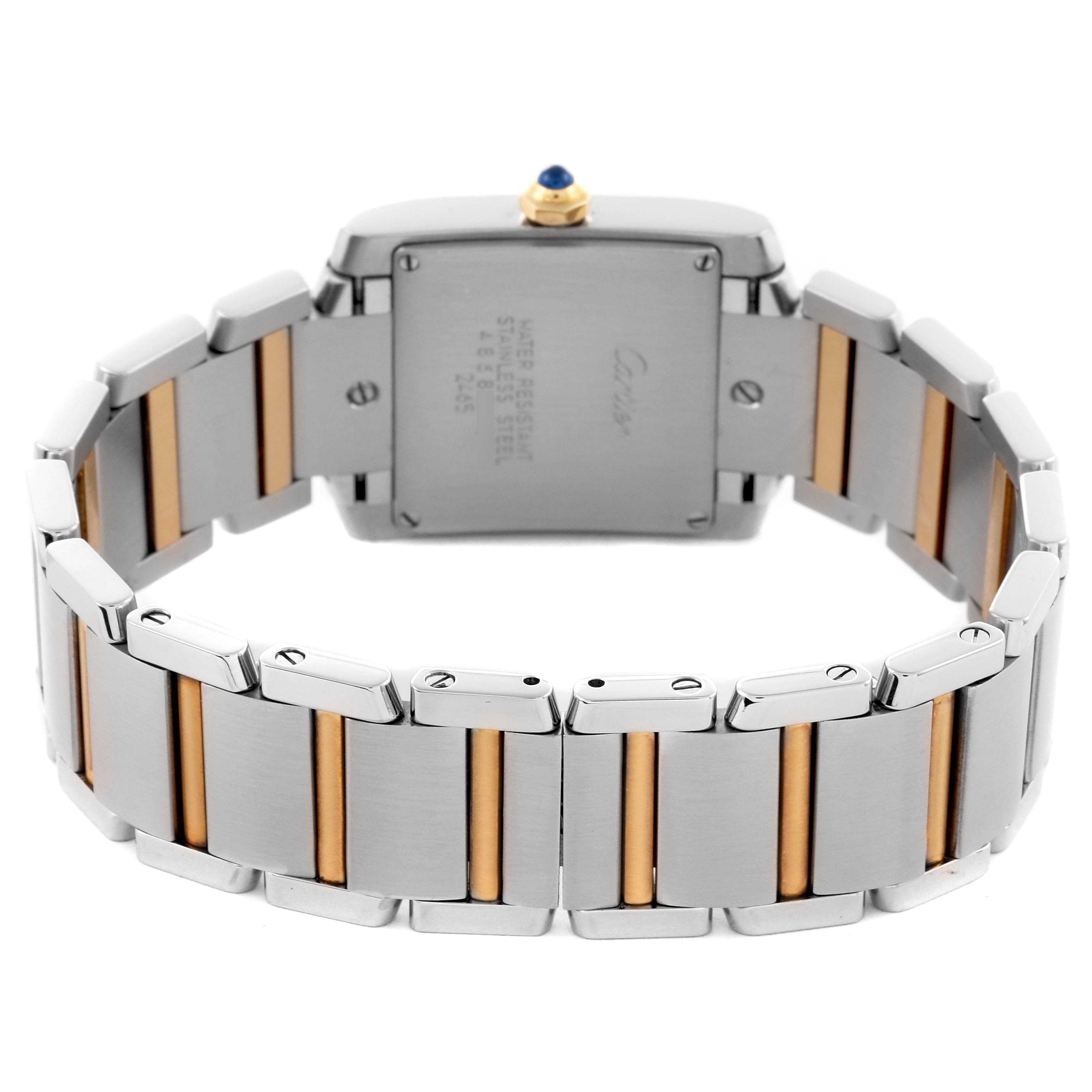 The image shows the back of a Cartier Tank Francaise W51012Q4 Women's Steel and Gold (two tone) Silver Dial W51012Q4 Women's Steel and Gold (two tone) Silver Dial watch, highlighting the bracelet and case back.
