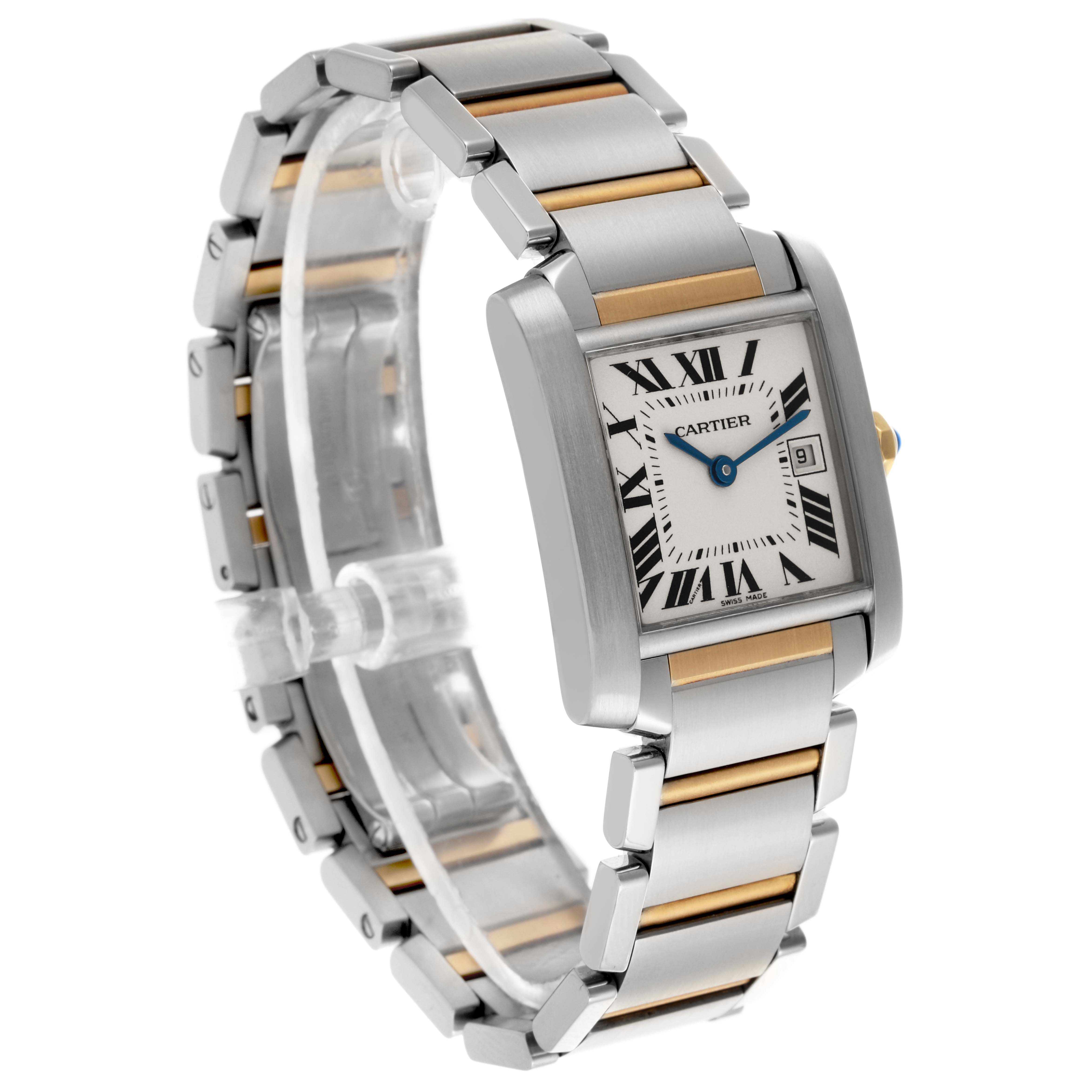 The Cartier Tank Française watch is shown at a three-quarter angle, highlighting the face, bracelet, and clasp.