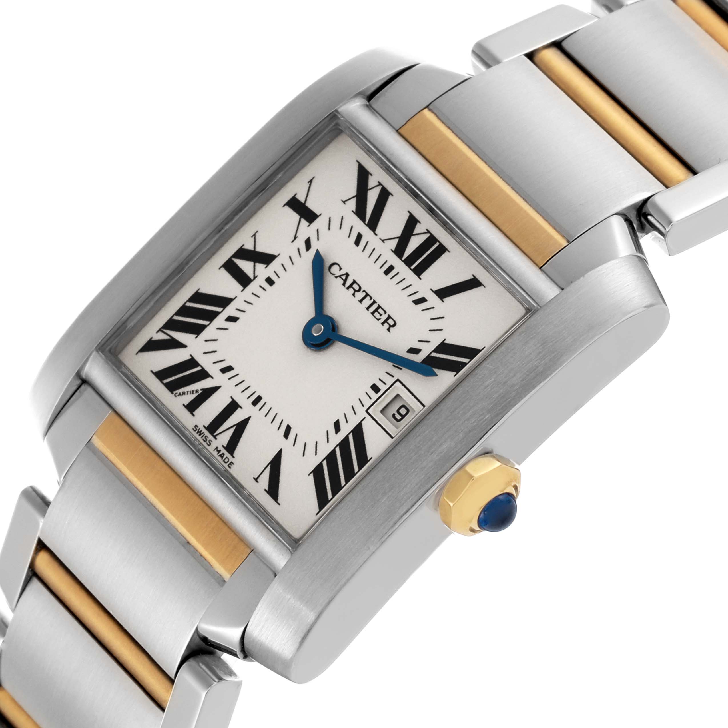 The Cartier Tank Française watch is shown at an angle highlighting the face, crown, and two-tone bracelet.