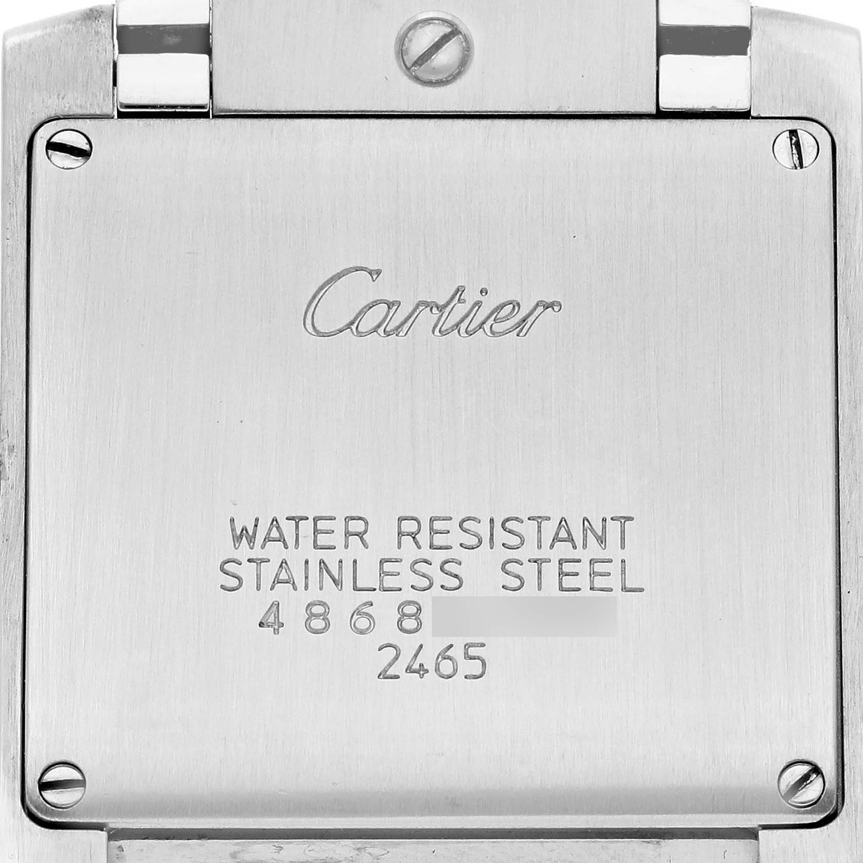 The image shows the back of a Cartier Tank Francaise W51012Q4 Women's Steel and Gold (two tone) Silver Dial W51012Q4 Women's Steel and Gold (two tone) Silver Dial watch, highlighting its stainless steel case and markings.