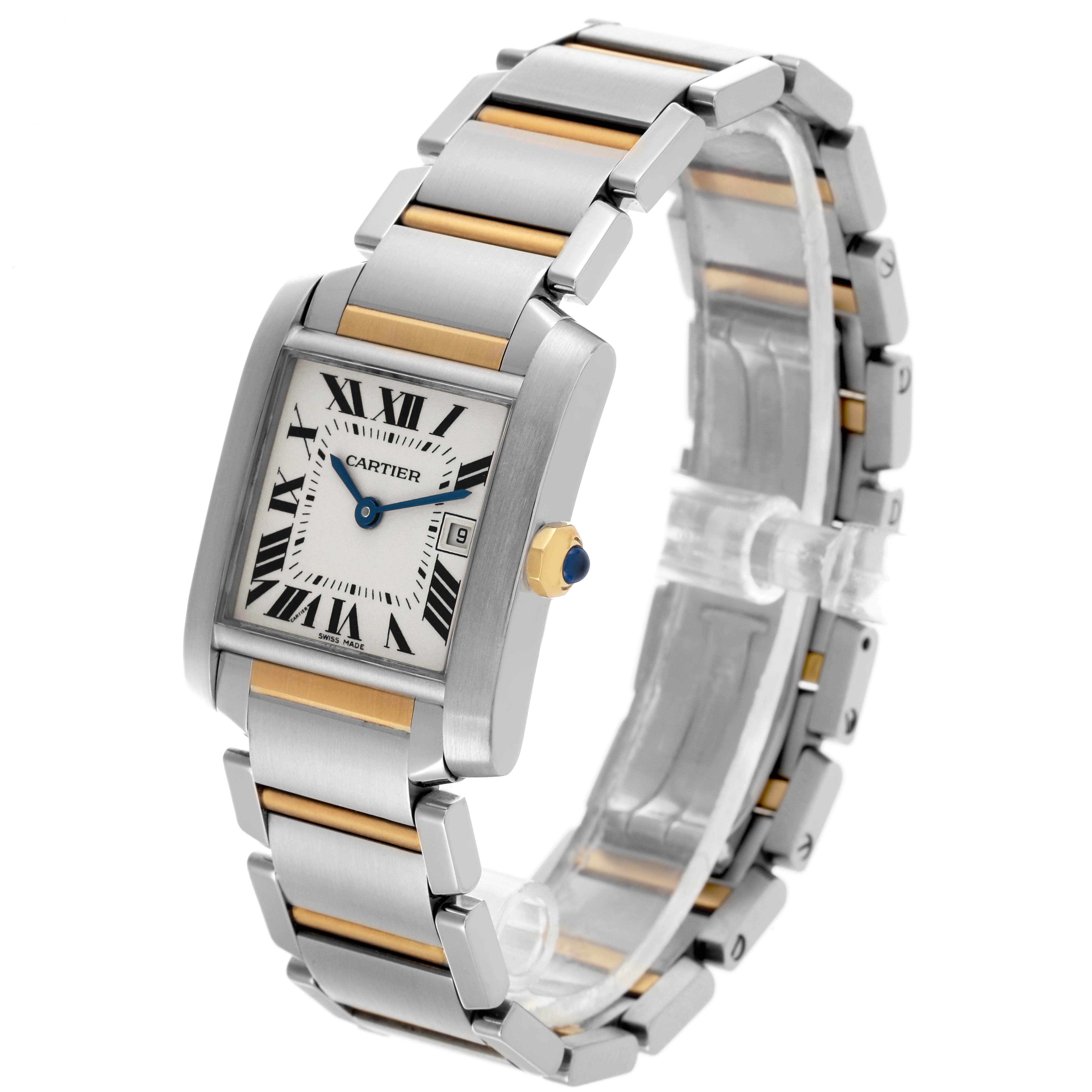 The Cartier Tank Francaise W51012Q4 Women's Steel and Gold (two tone) Silver Dial W51012Q4 Women's Steel and Gold (two tone) Silver Dial watch is shown at a three-quarter angle, highlighting its face, crown, and metal bracelet.