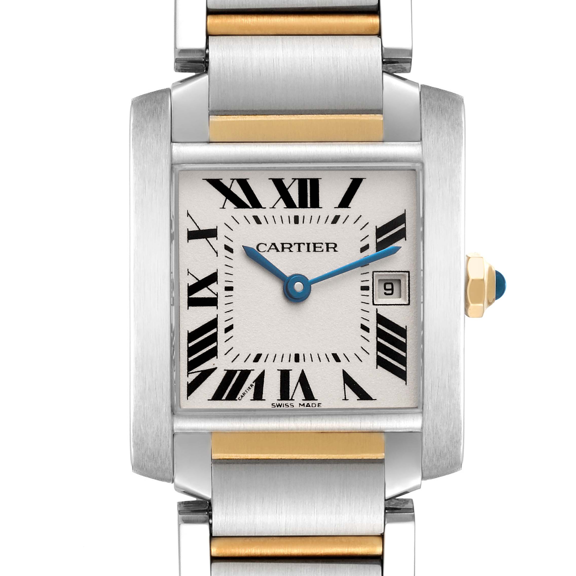 The Cartier Tank Francaise W51012Q4 Women's Steel and Gold (two tone) Silver Dial W51012Q4 Women's Steel and Gold (two tone) Silver Dial watch is shown from the front, highlighting its face, hands, and part of the metal bracelet.