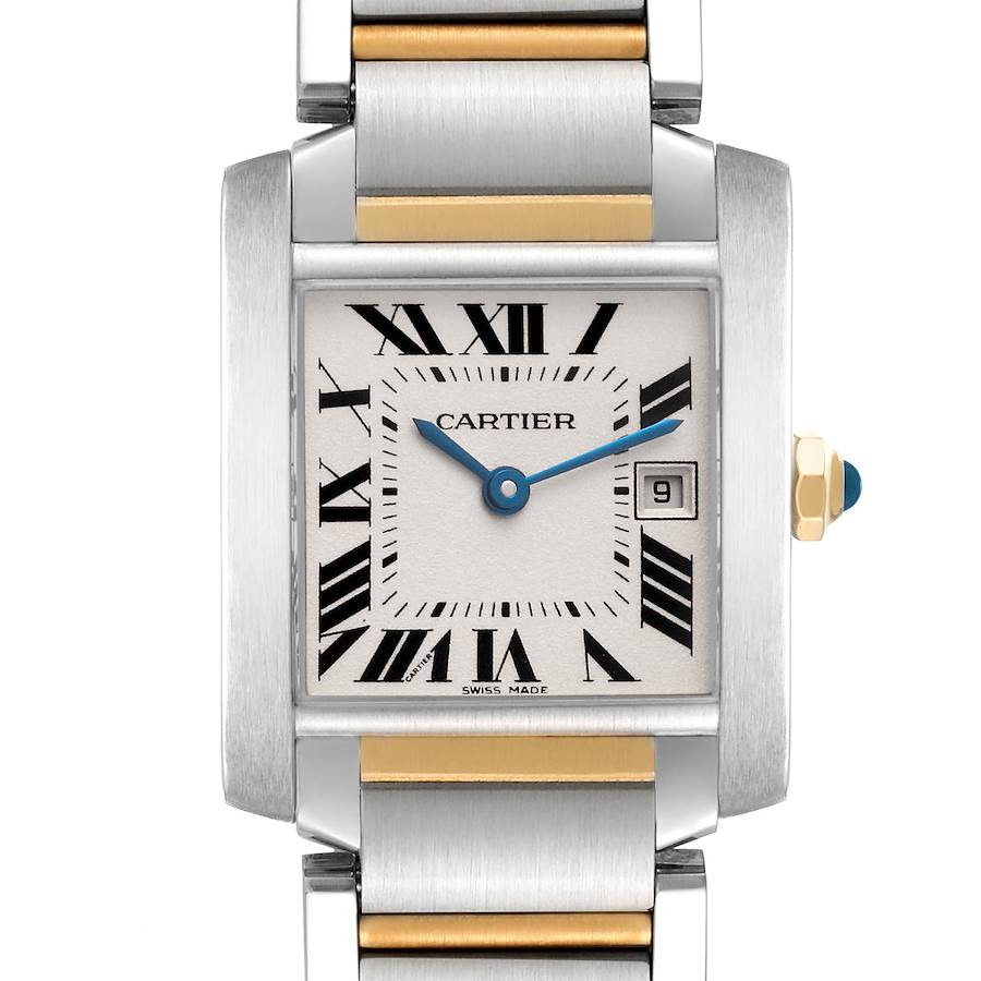 The Cartier Tank Francaise watch is shown from the front, highlighting its face, hands, and part of the metal bracelet.