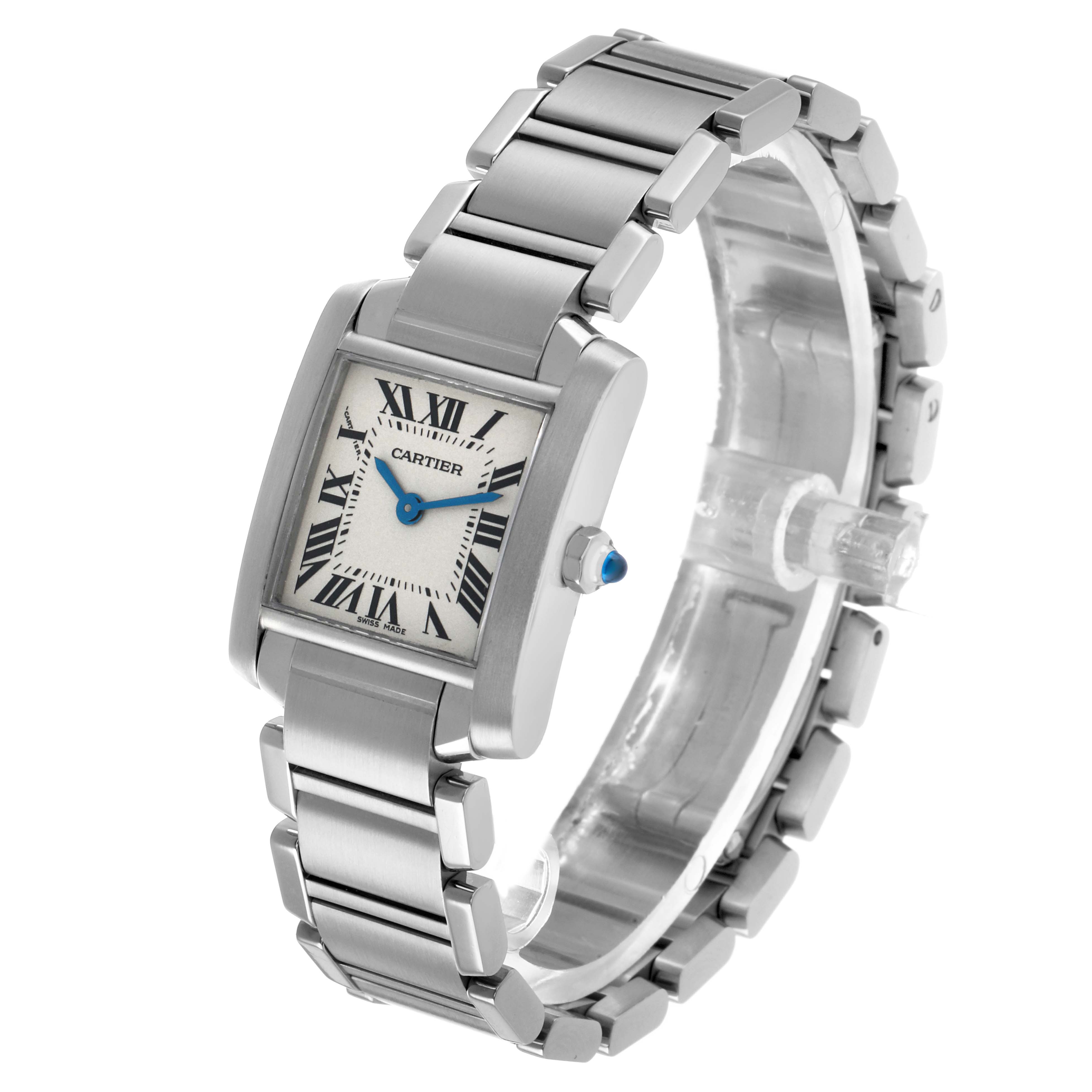 The Cartier Tank Française is shown at a three-quarter angle, highlighting the case, dial, bracelet, and crown.