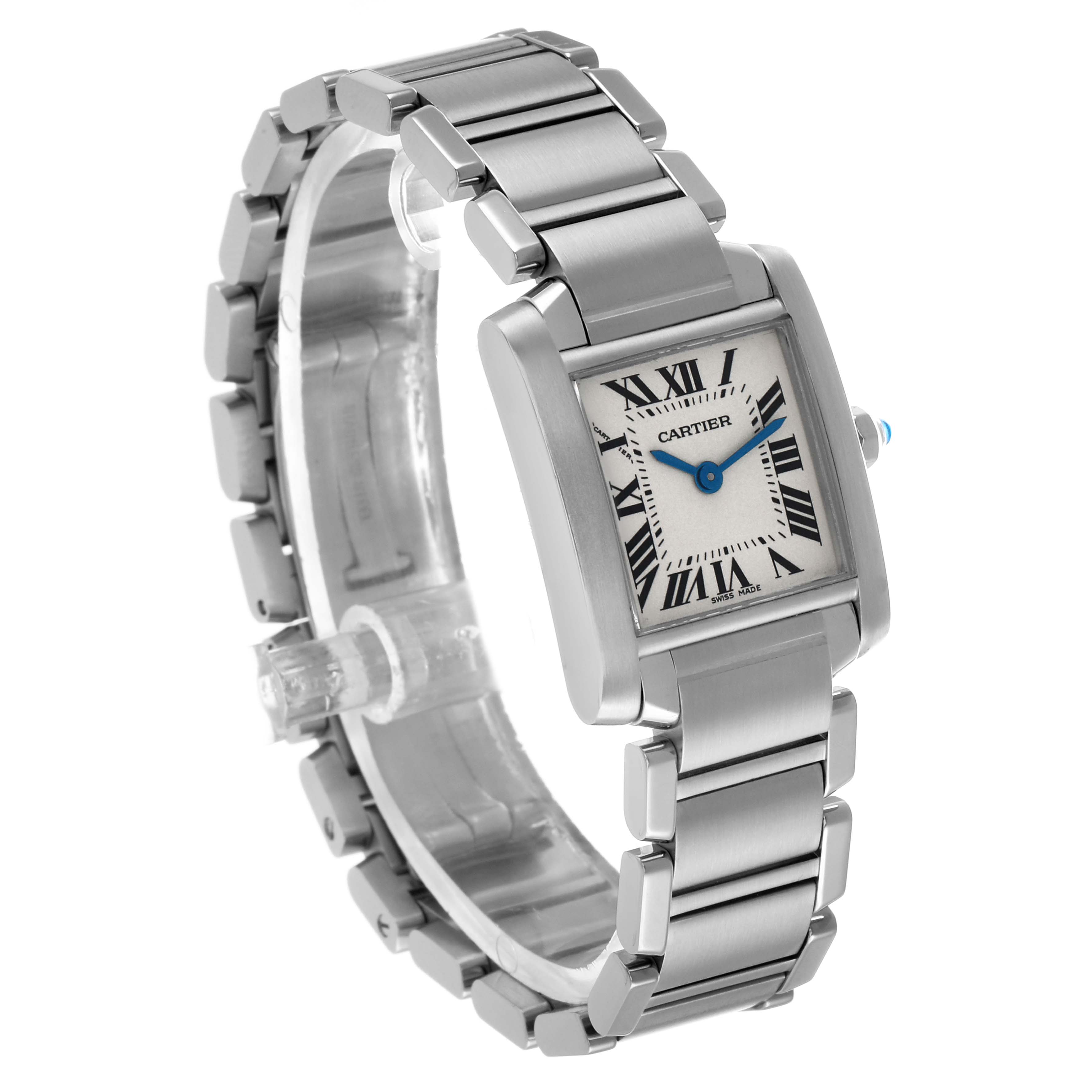 The Cartier Tank Française watch is shown at an angle focusing on the face, bracelet, and crown.