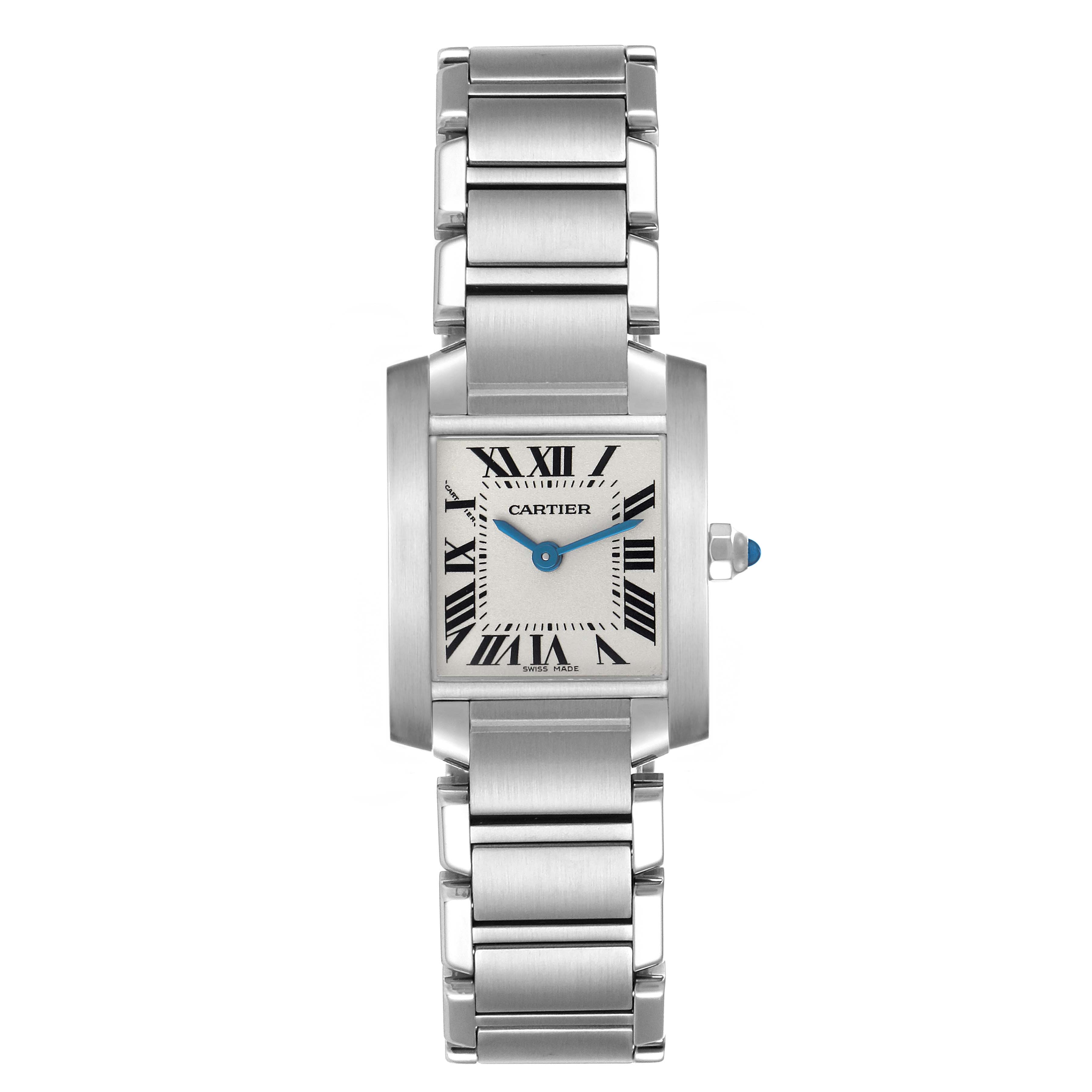 The Cartier Tank Francaise W51008Q3 Women's Stainless Steel Silver Dial watch is shown from the front, displaying its face, Roman numerals, and metal bracelet.