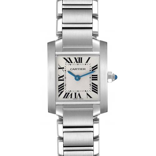 The Cartier Tank Française watch is shown from the front, highlighting its rectangular face, Roman numerals, blue hands, and metal bracelet.