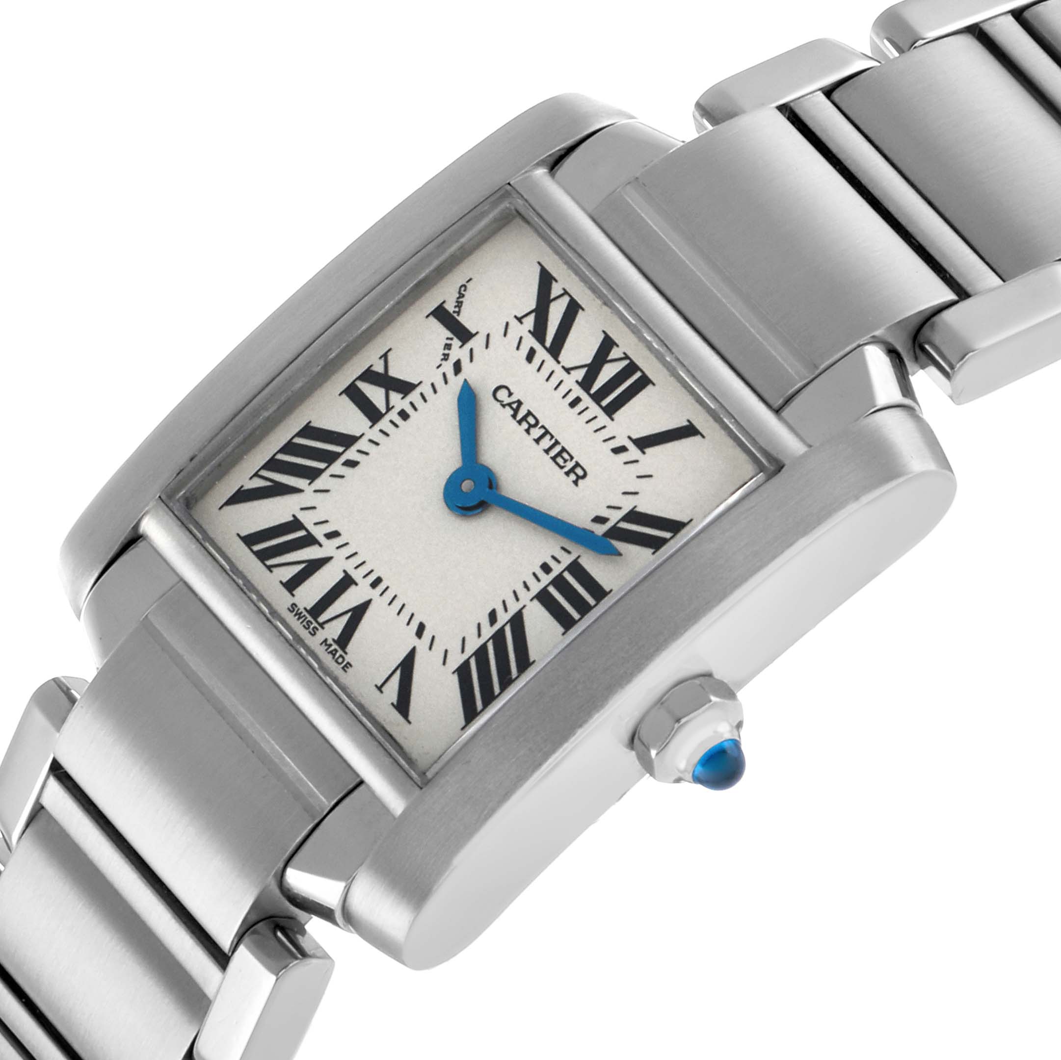 The Cartier Tank Francaise W51008Q3 Women's Stainless Steel Silver Dial is shown at an angled view, highlighting its face, bracelet, and crown with a blue stone.