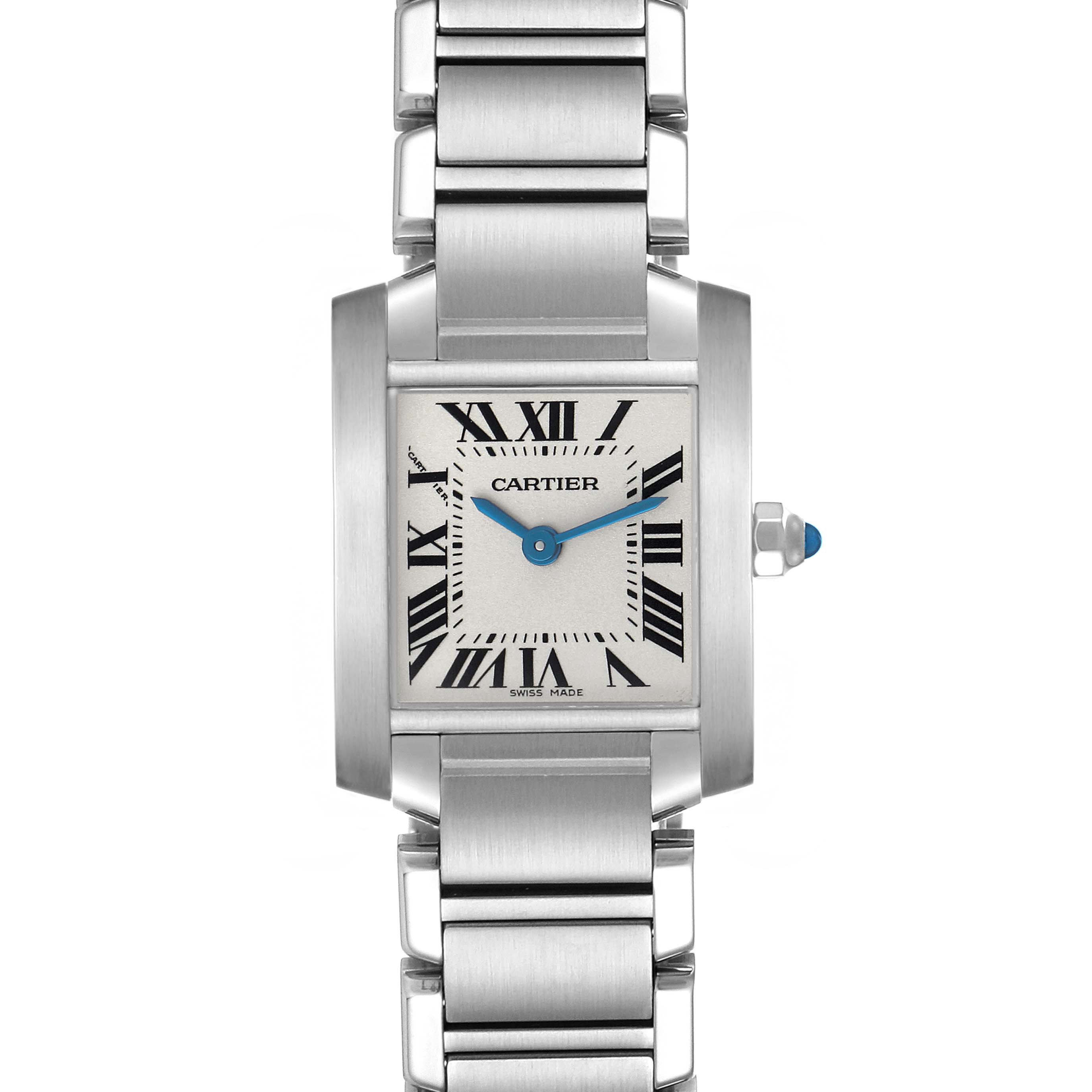 The Cartier Tank Française watch is shown from the front, displaying its face, Roman numerals, and metal bracelet.