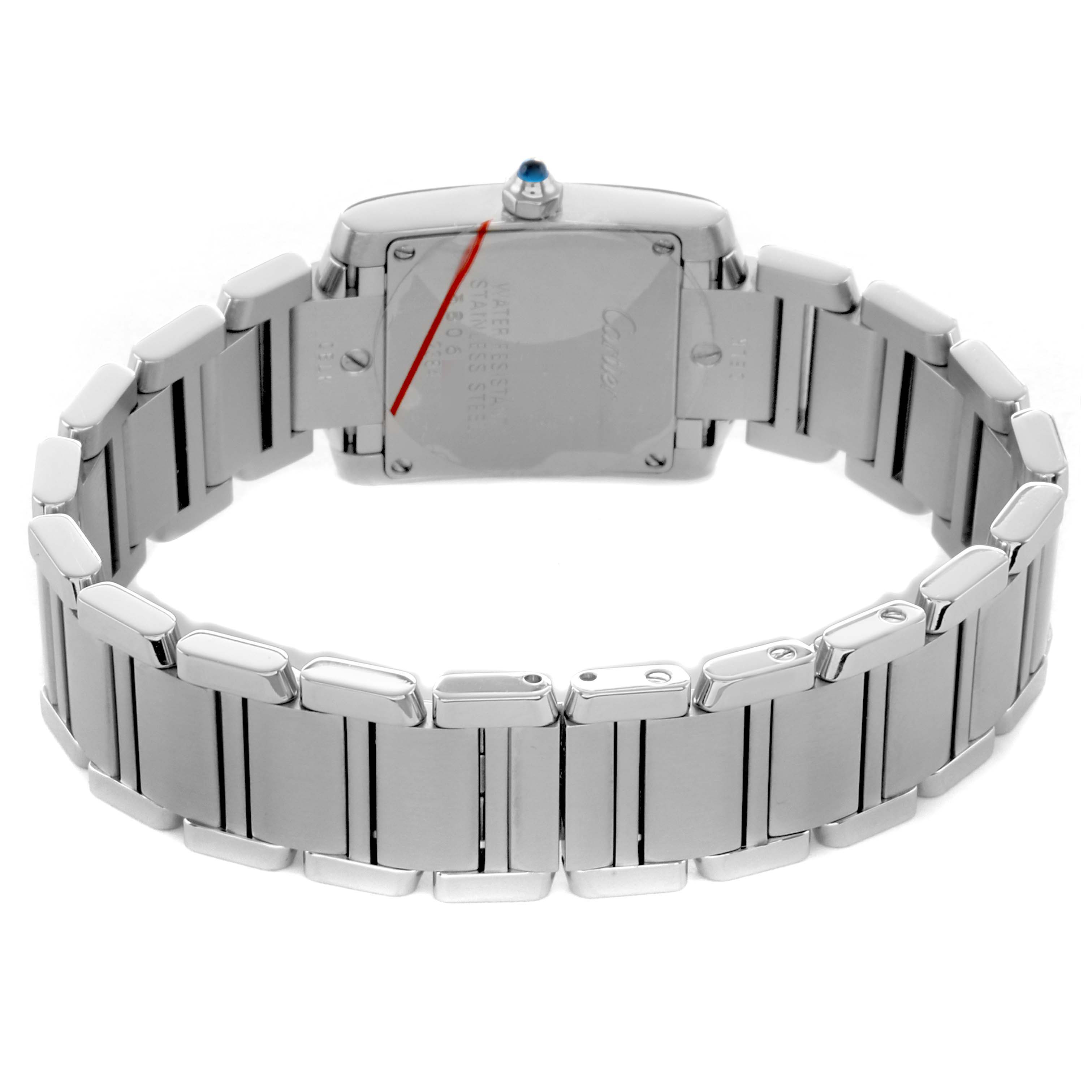 The Cartier Tank Française watch is shown from the back, highlighting the bracelet and caseback.