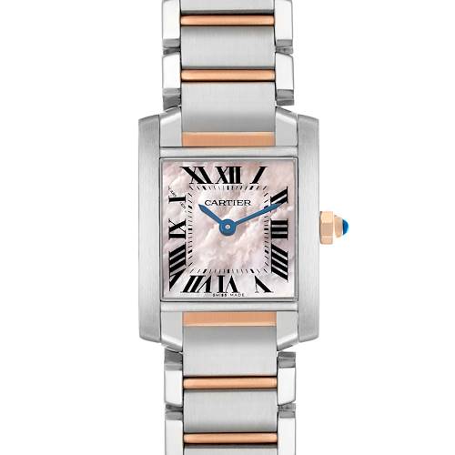 The Cartier Tank Française watch is shown from a front angle, displaying the face, bezel, and part of the bracelet.