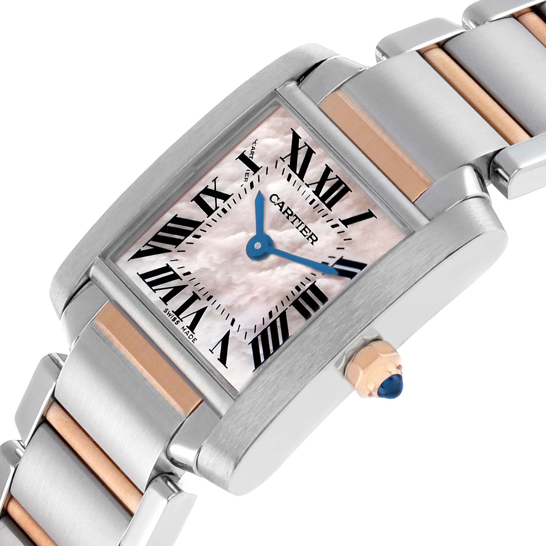 The Cartier Tank Francaise W51027Q4 Women's Stainless Steel Mother of Pearl Dial watch is shown at an angle, highlighting its face, blue hands, Roman numerals, bracelet, and crown.