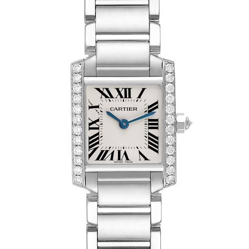 The Cartier Tank Francaise watch is shown from a front angle, displaying the case, dial, bracelet, and crown.