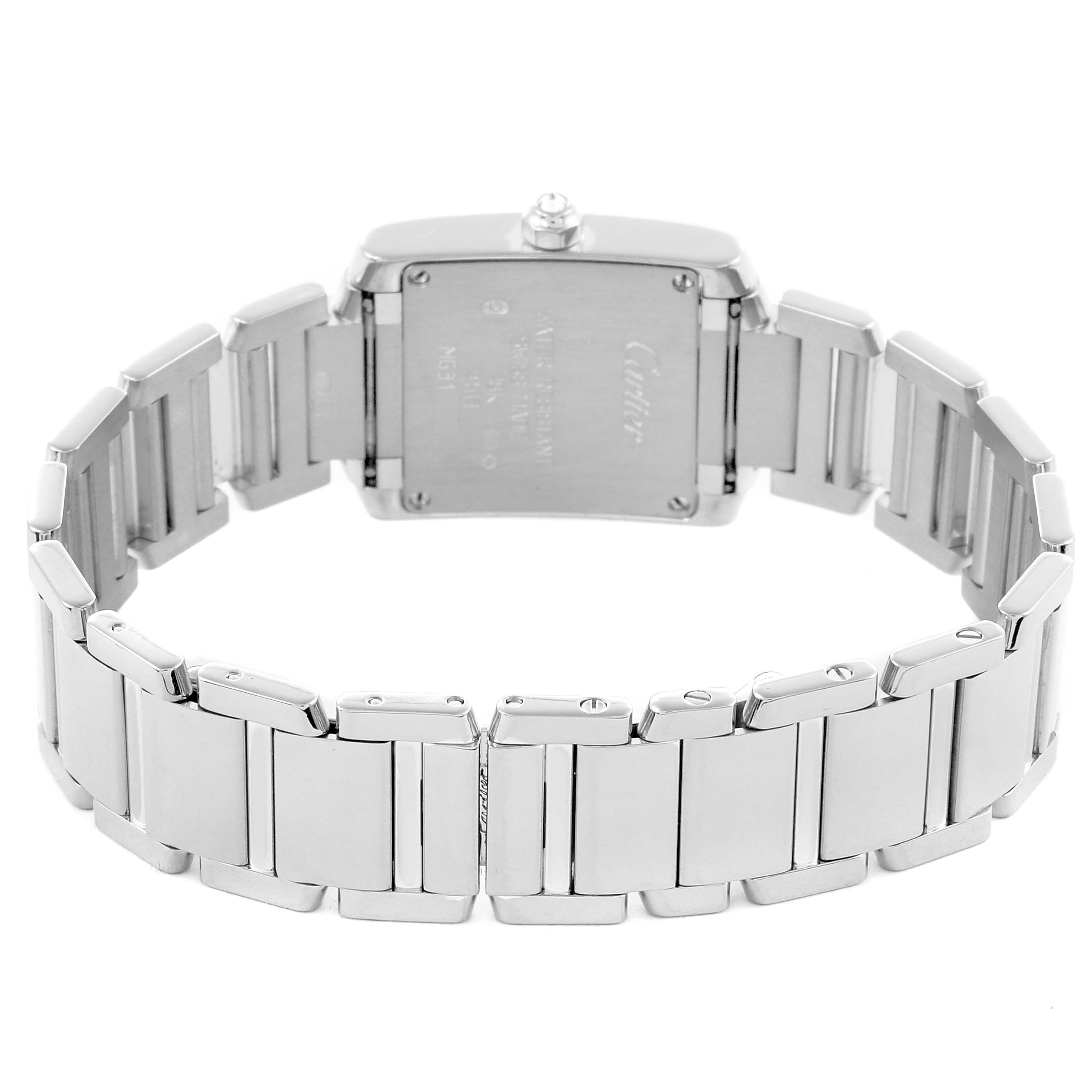 The image shows the back and bracelet of a Cartier Tank Française watch, focusing on the clasp and links.
