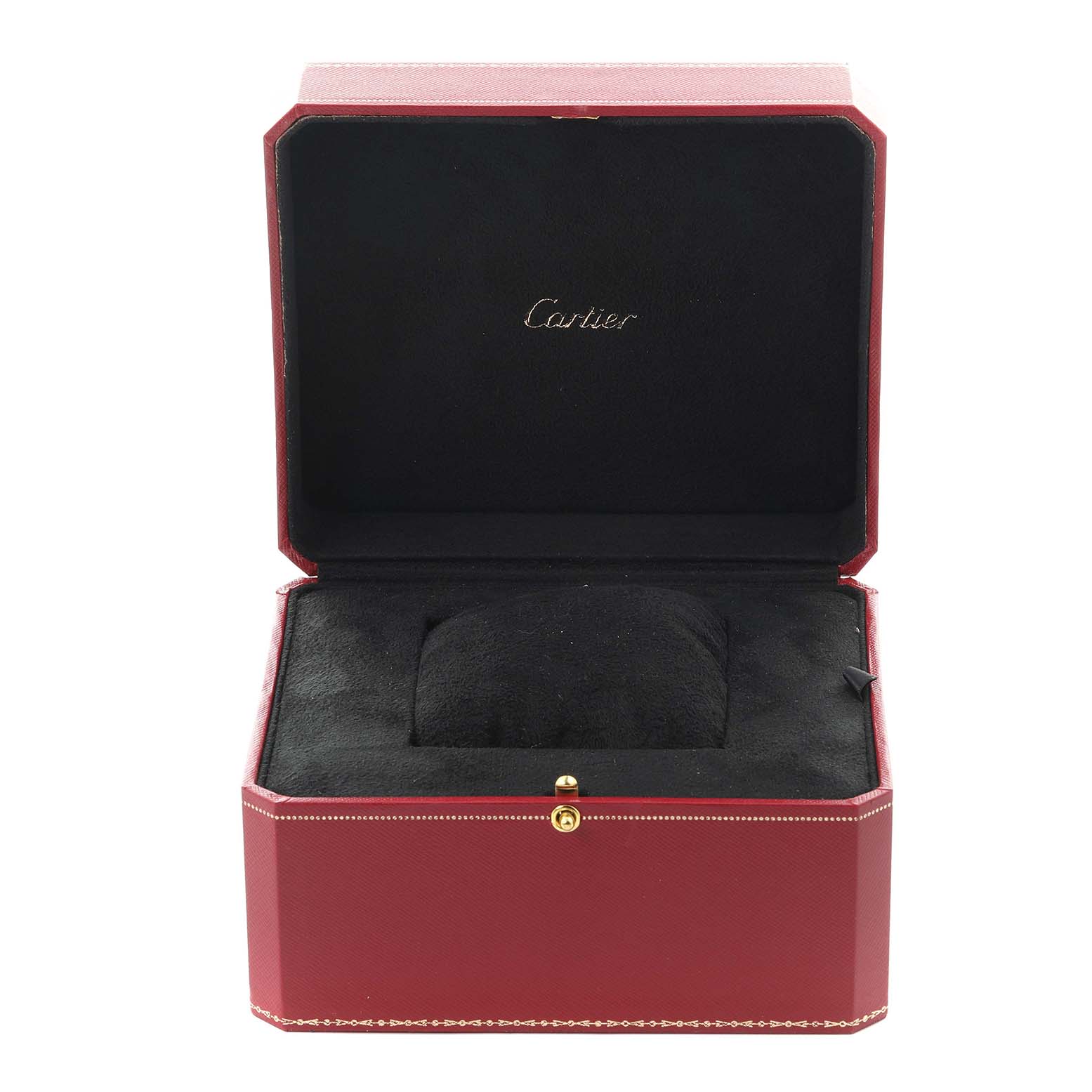 The image shows an open Cartier watch box for the Tank Française model, featuring a black inside with a red exterior.