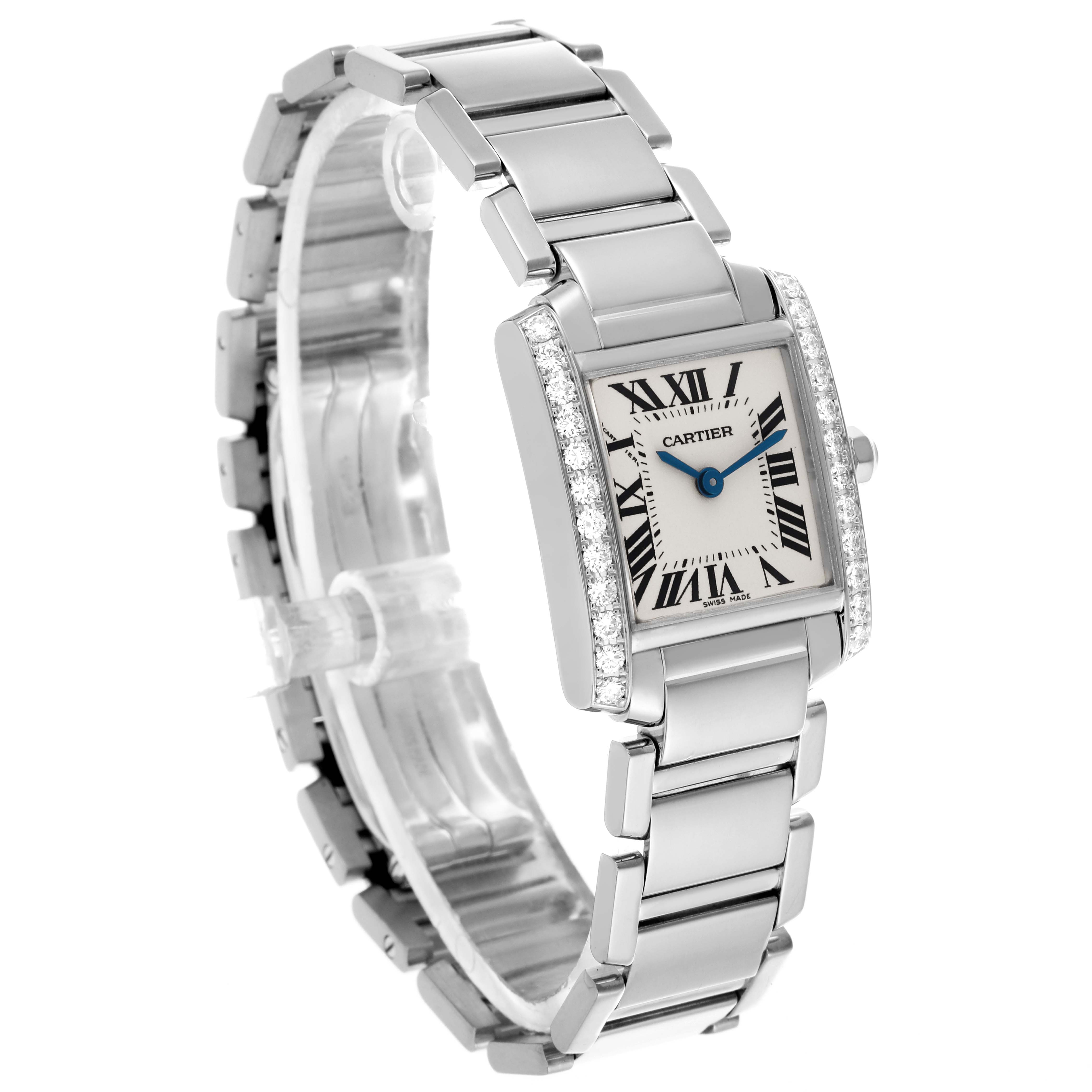 The Cartier Tank Française watch is shown at a three-quarter angle with a focus on its rectangular face and stainless steel bracelet.