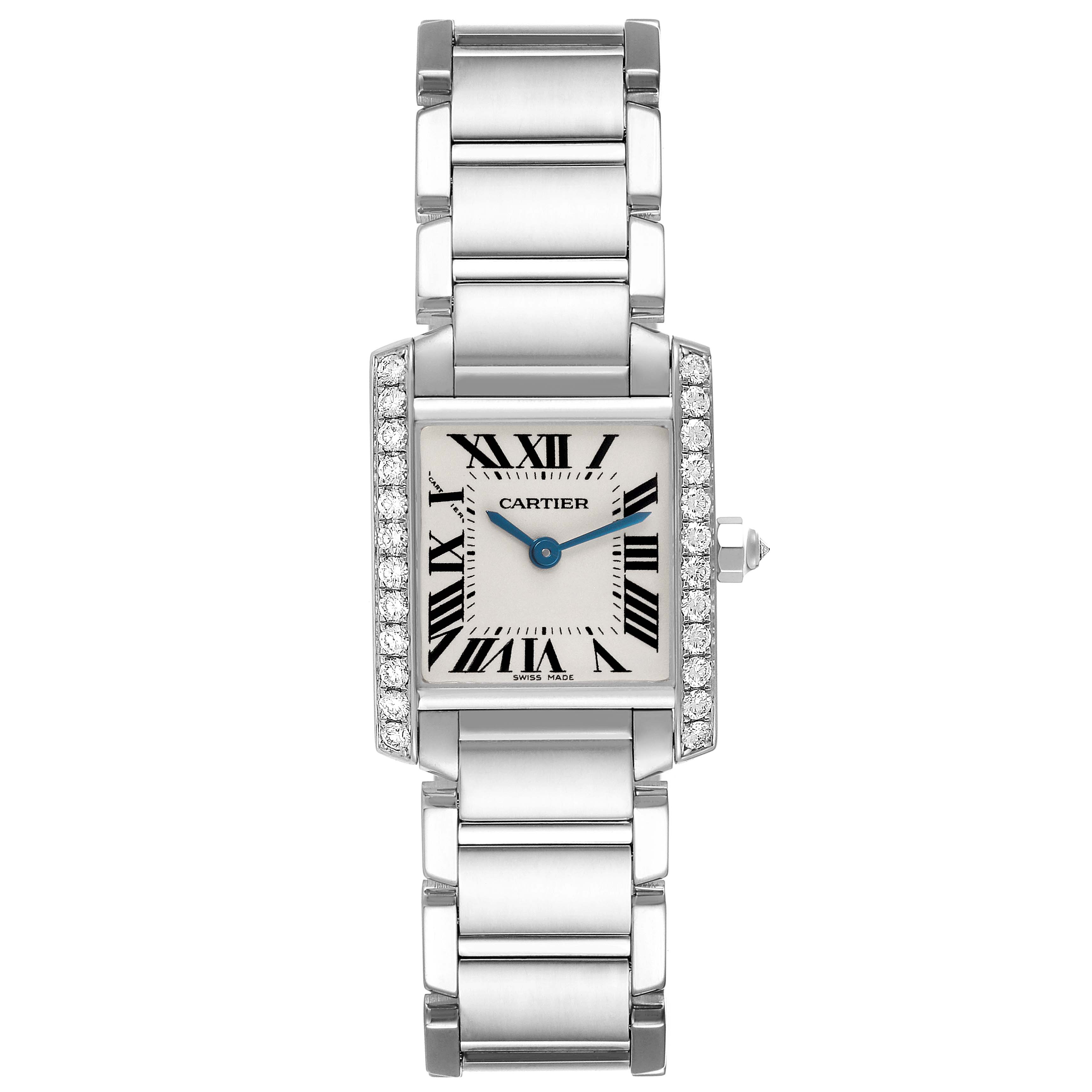 The Cartier Tank Française watch is shown from a front view, highlighting its rectangular face and stainless steel bracelet.