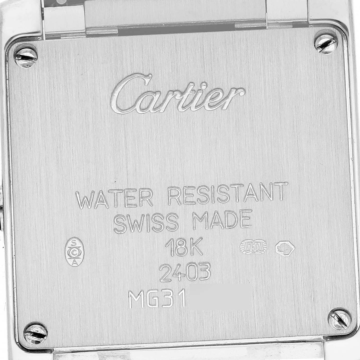The image shows the back case of the Cartier Tank Francaise WE1002S3 Women's White Gold Silver Dial WE1002S3 Women's White Gold Silver Dial watch, highlighting its engravings and screws.