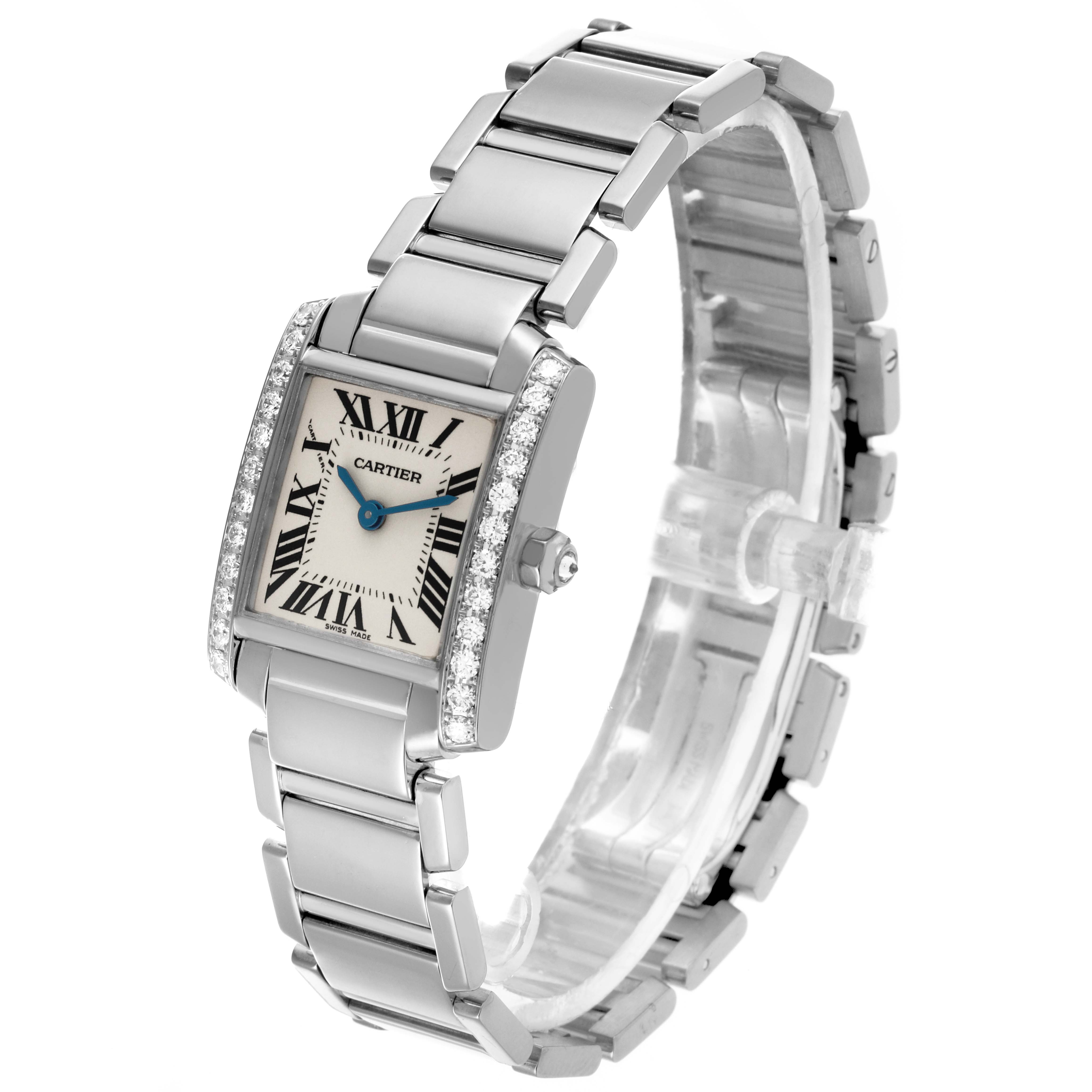 The Cartier Tank Francaise WE1002S3 Women's White Gold Silver Dial WE1002S3 Women's White Gold Silver Dial is shown at a three-quarter angle, highlighting its bracelet and diamond-set case.