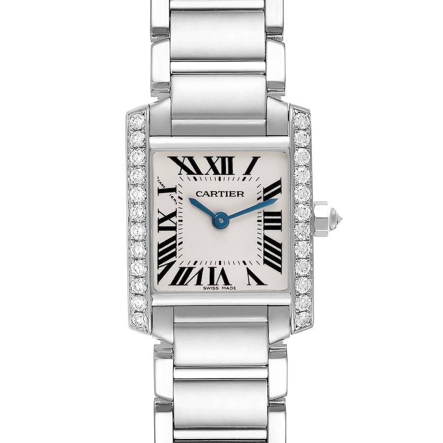 The Cartier Tank Française watch is shown from a top-down view, displaying its face, bracelet, and side crown.