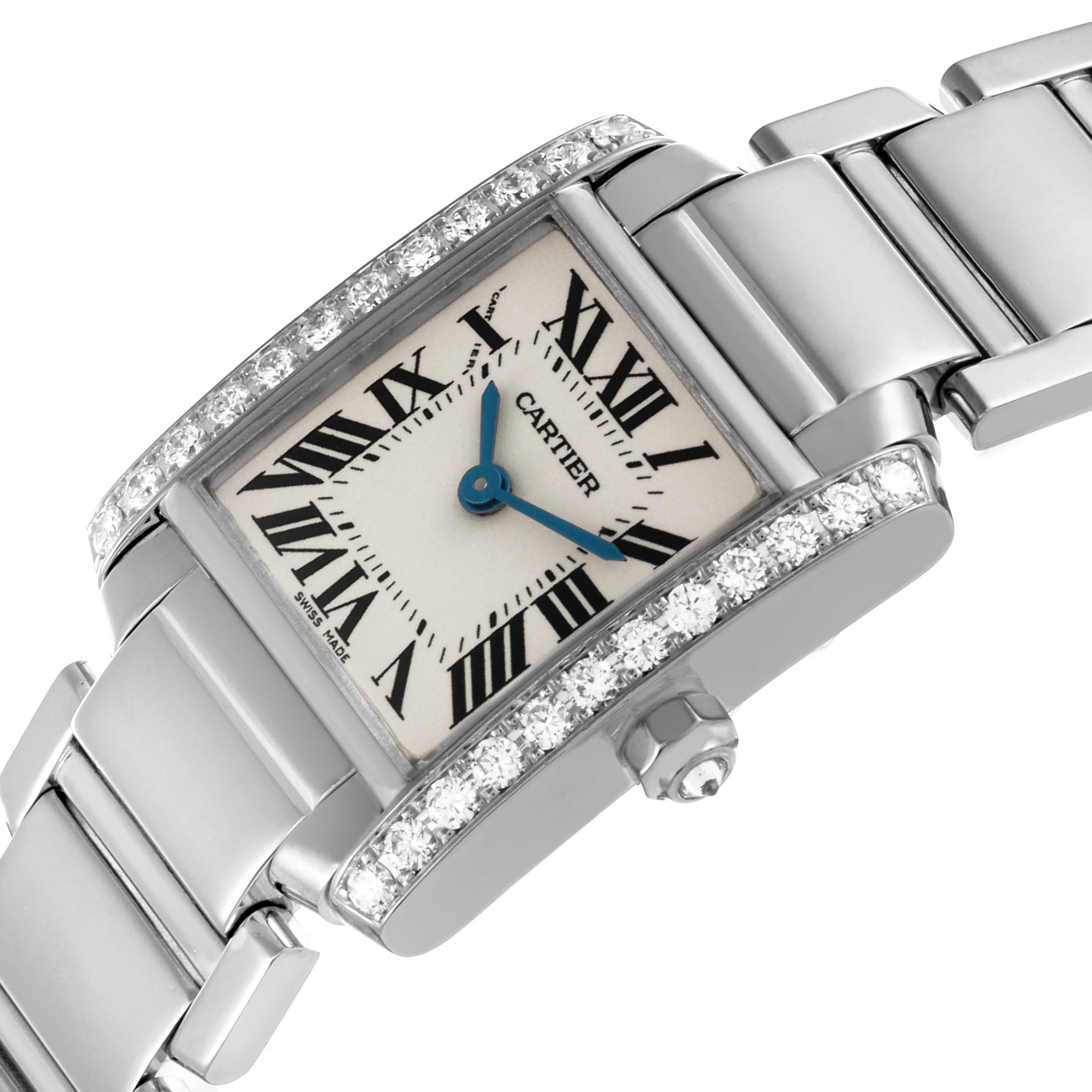 The Cartier Tank Française watch is shown at an angle highlighting the face, crown, and diamond-studded bezel.