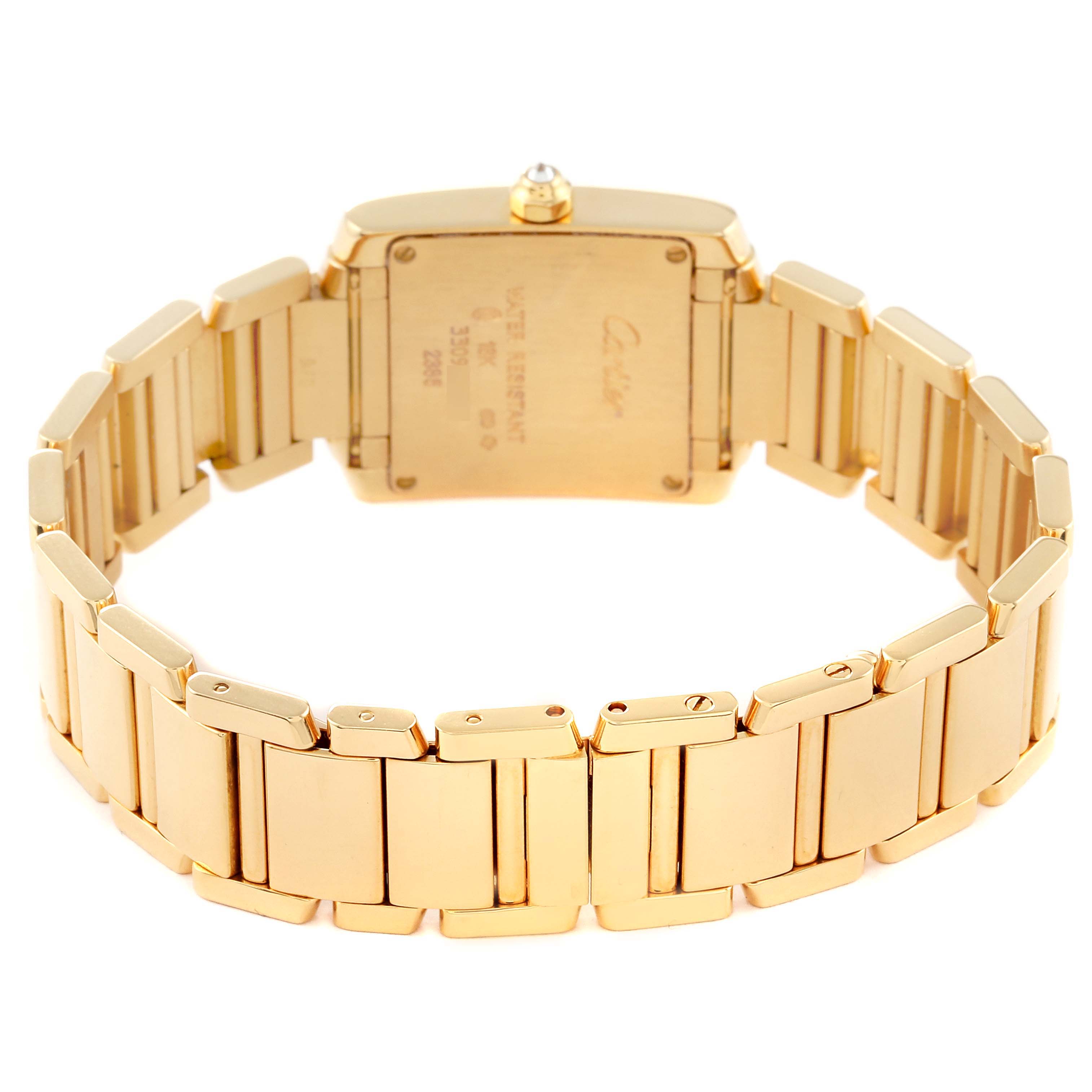 The image shows the rear view of the Cartier Tank Francaise WE1021R8 Women's Yellow Gold Pink Dial WE1021R8 Women's Yellow Gold Pink Dial watch, highlighting its gold strap and case back.