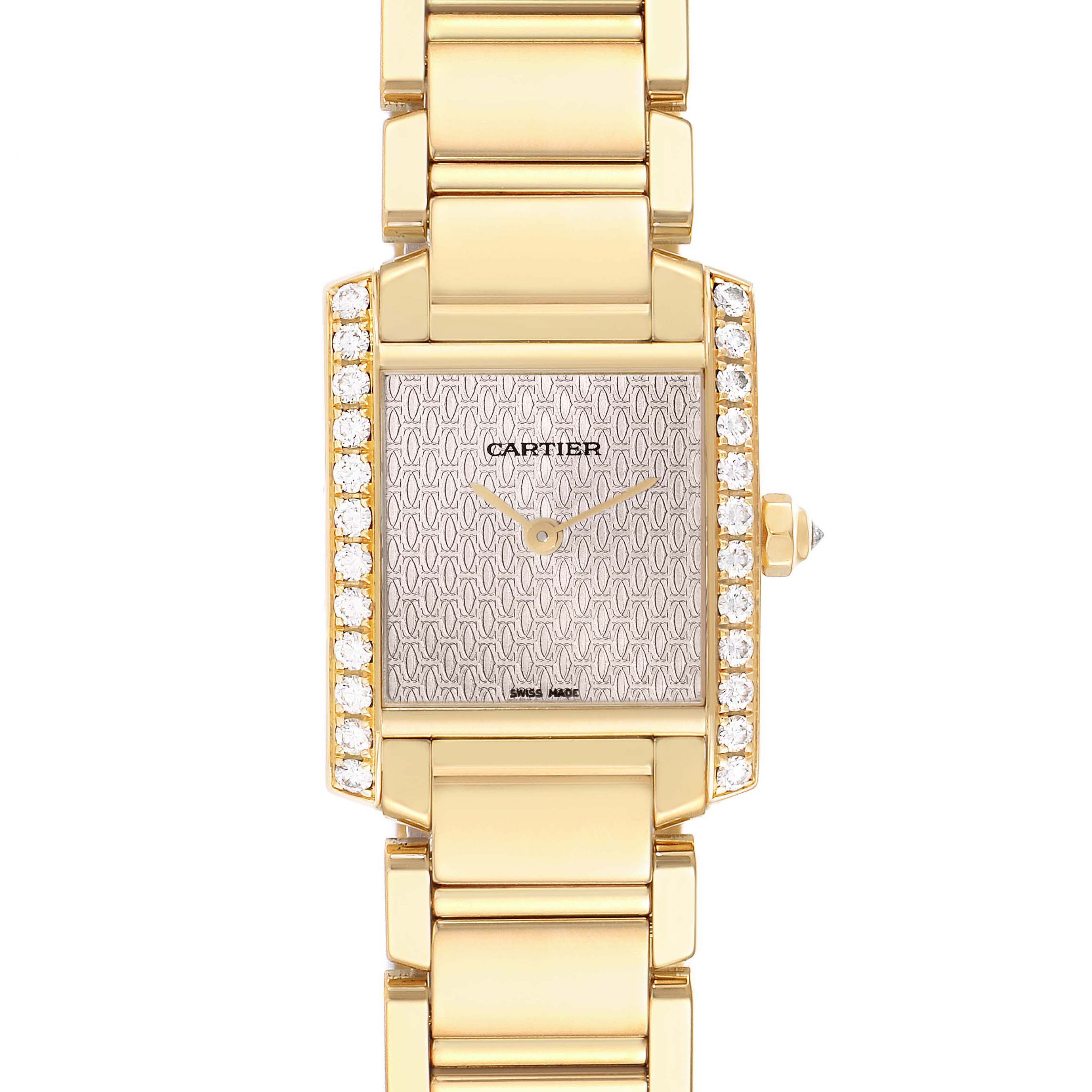 The image shows a front view of the Cartier Tank Francaise WE1021R8 Women's Yellow Gold Pink Dial WE1021R8 Women's Yellow Gold Pink Dial watch, featuring a gold band and diamond-studded rectangular face.
