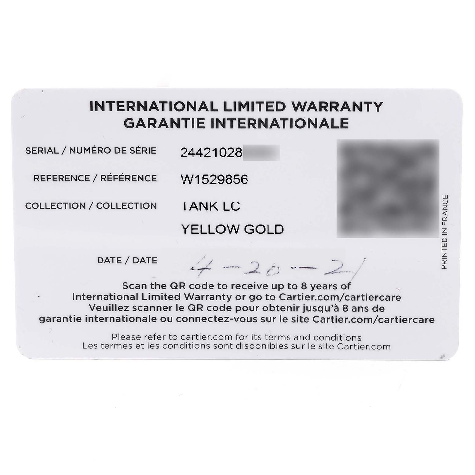 This is the International Limited Warranty card for a Cartier Tank Louis W1529856 Women's Yellow Gold Silver Dial W1529856 Women's Yellow Gold Silver Dial model in yellow gold.