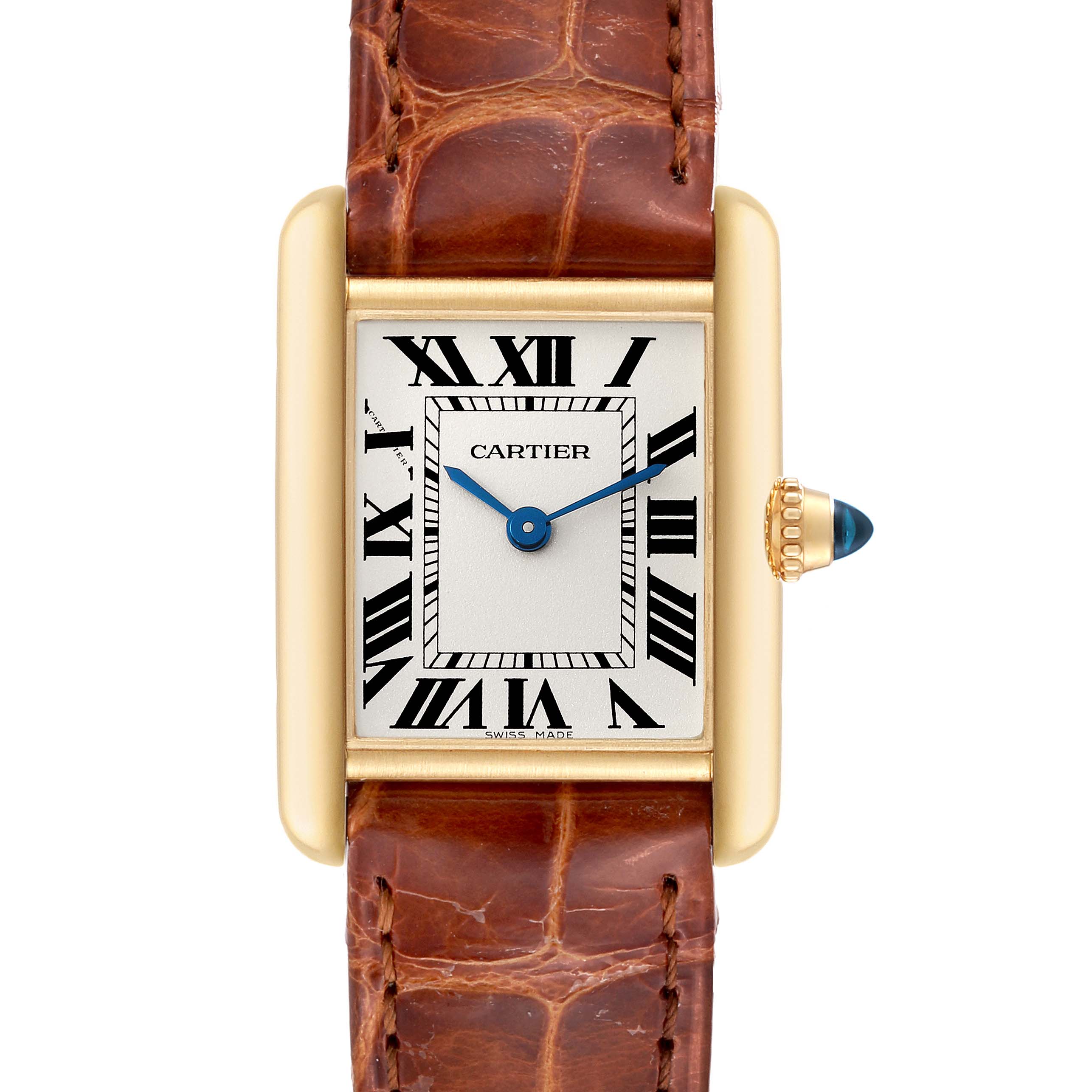 This image shows a frontal view of a Cartier Tank Louis W1529856 Women's Yellow Gold Silver Dial W1529856 Women's Yellow Gold Silver Dial watch with a brown leather strap and a gold rectangular case.