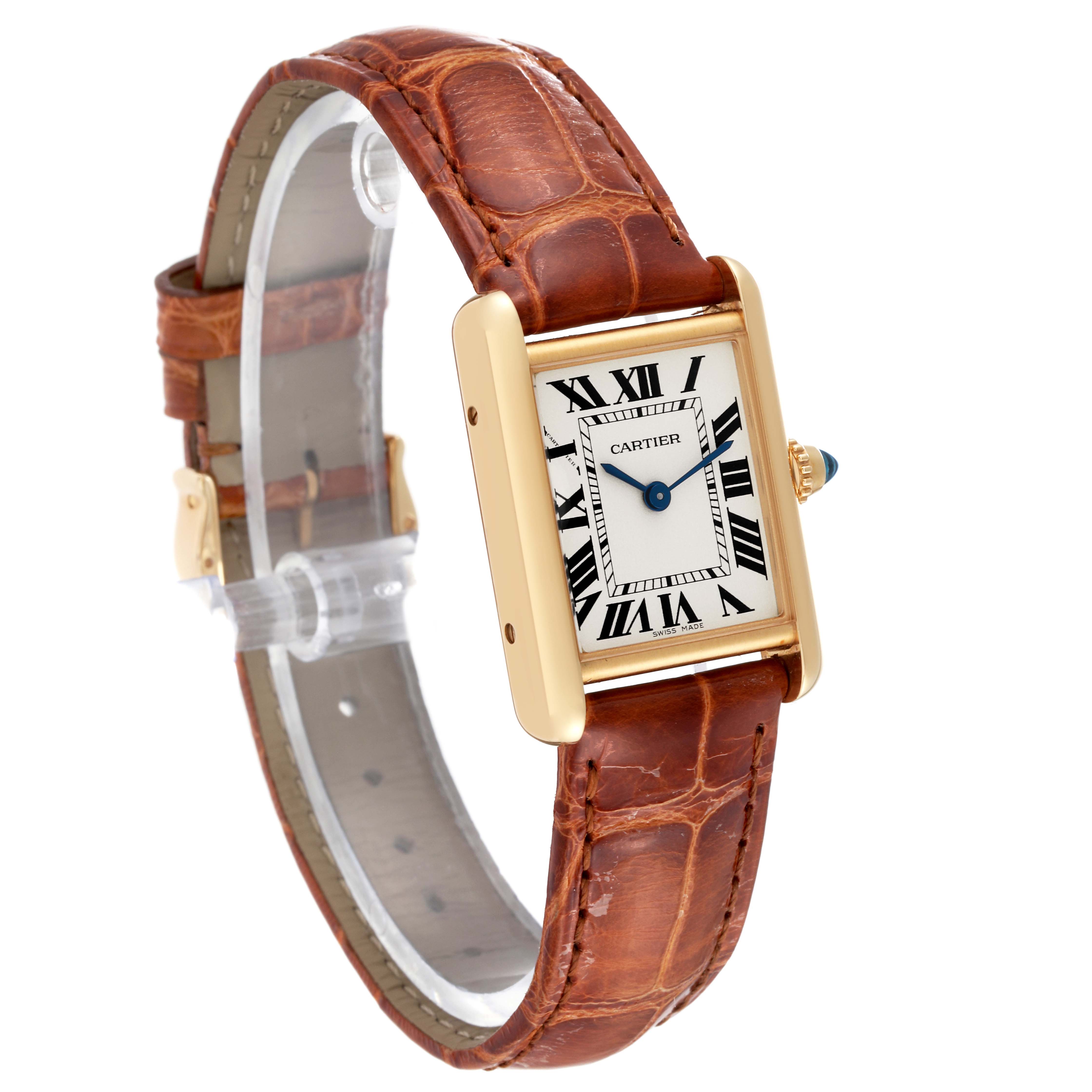 The image shows a Cartier Tank Louis W1529856 Women's Yellow Gold Silver Dial W1529856 Women's Yellow Gold Silver Dial watch at a front angle, displaying its gold case, Roman numeral dial, and brown leather strap.