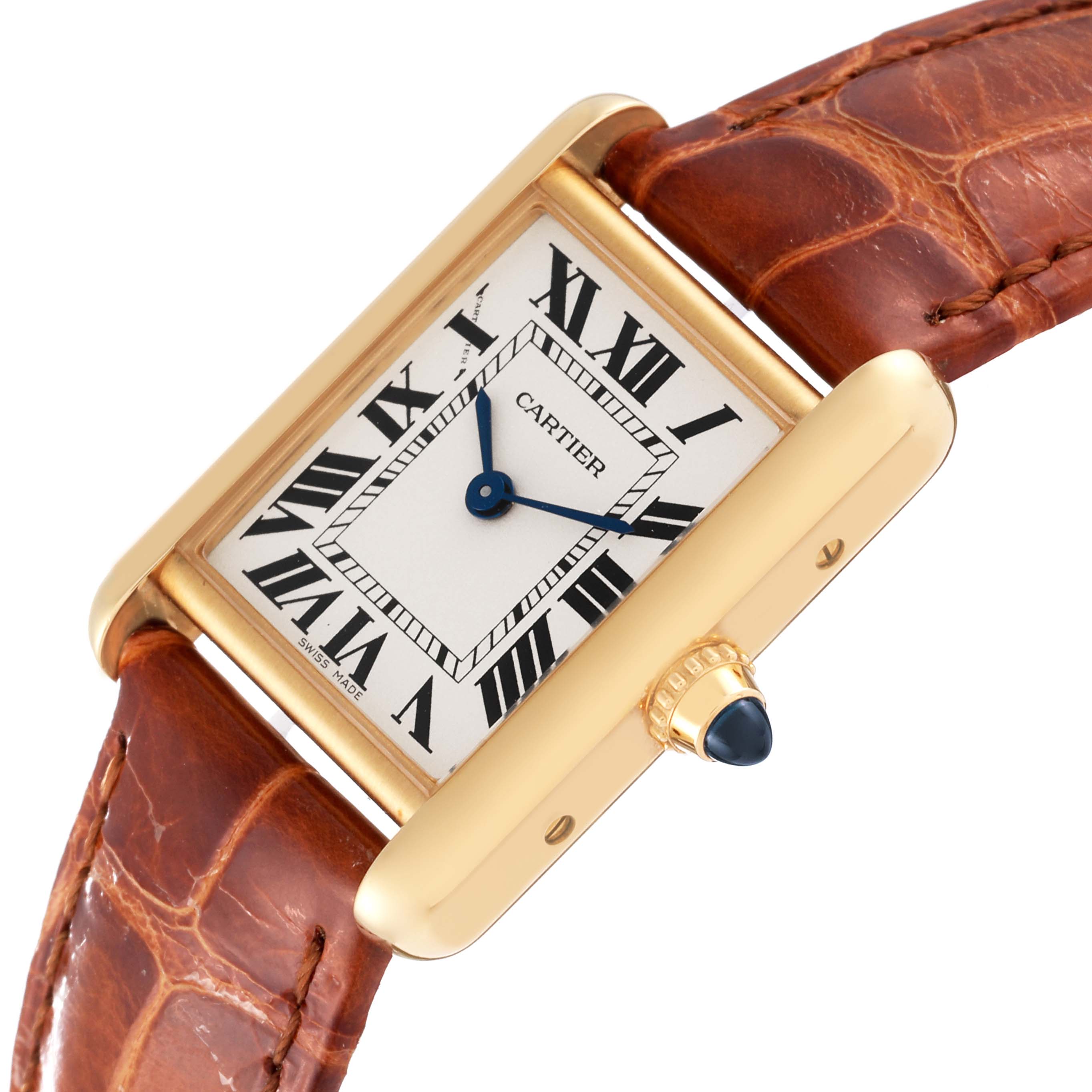 This Tank Louis model by Cartier is shown at a slightly tilted angle, displaying its face, gold casing, blue hands, and brown leather strap.
