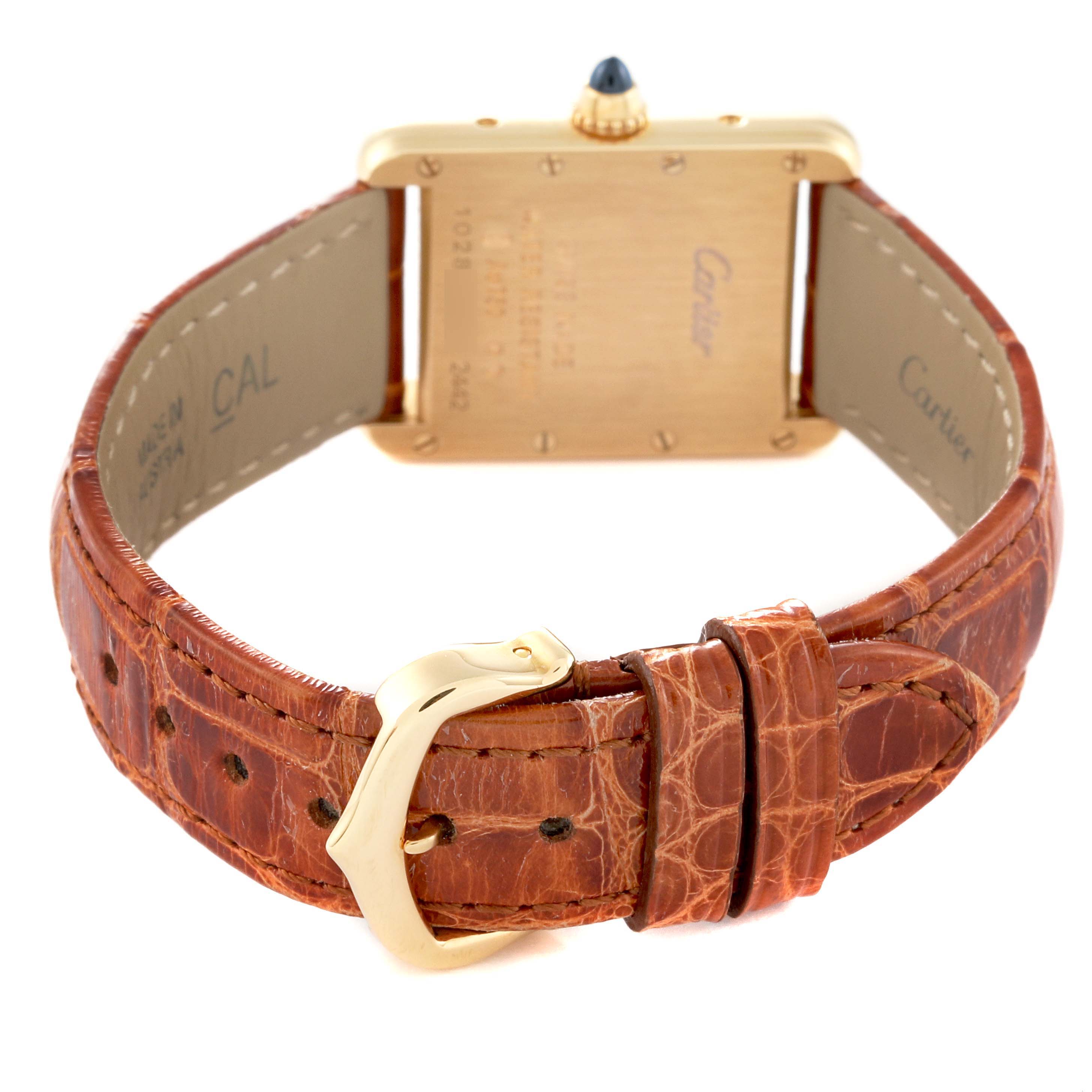 This image shows the rear view and clasp of a Cartier Tank Louis W1529856 Women's Yellow Gold Silver Dial W1529856 Women's Yellow Gold Silver Dial watch, highlighting its leather strap and buckle.