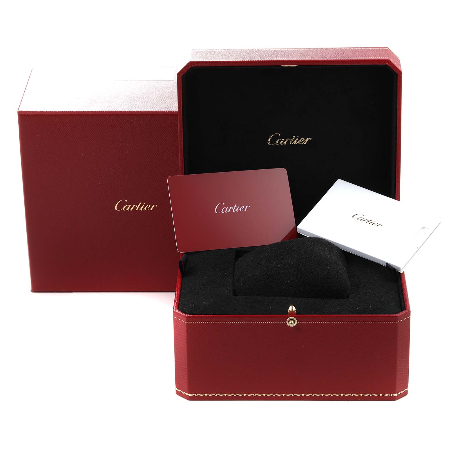 The image shows the packaging and accessories for a Cartier Tank Louis W1529856 Women's Yellow Gold Silver Dial W1529856 Women's Yellow Gold Silver Dial watch, including a red box, manuals, and authentication card.