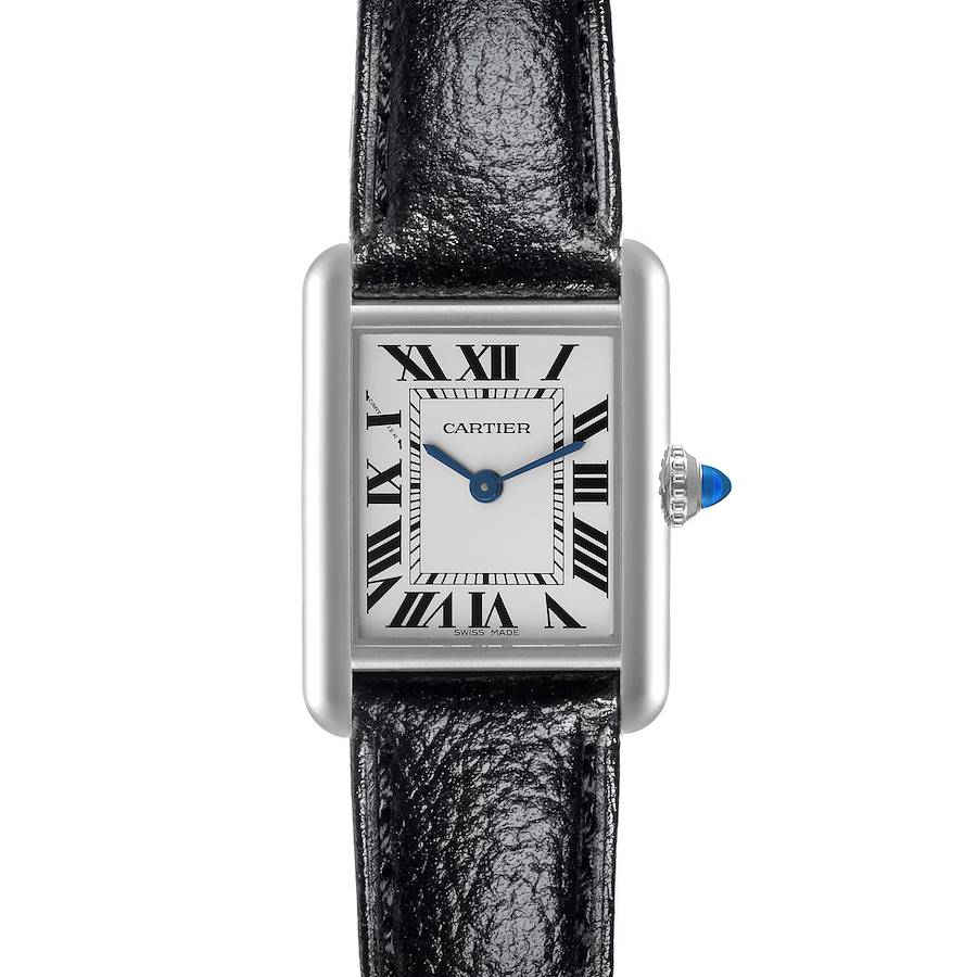 The Cartier Tank Must watch is shown from the front, displaying the face, blue hands, crown, and black leather strap.