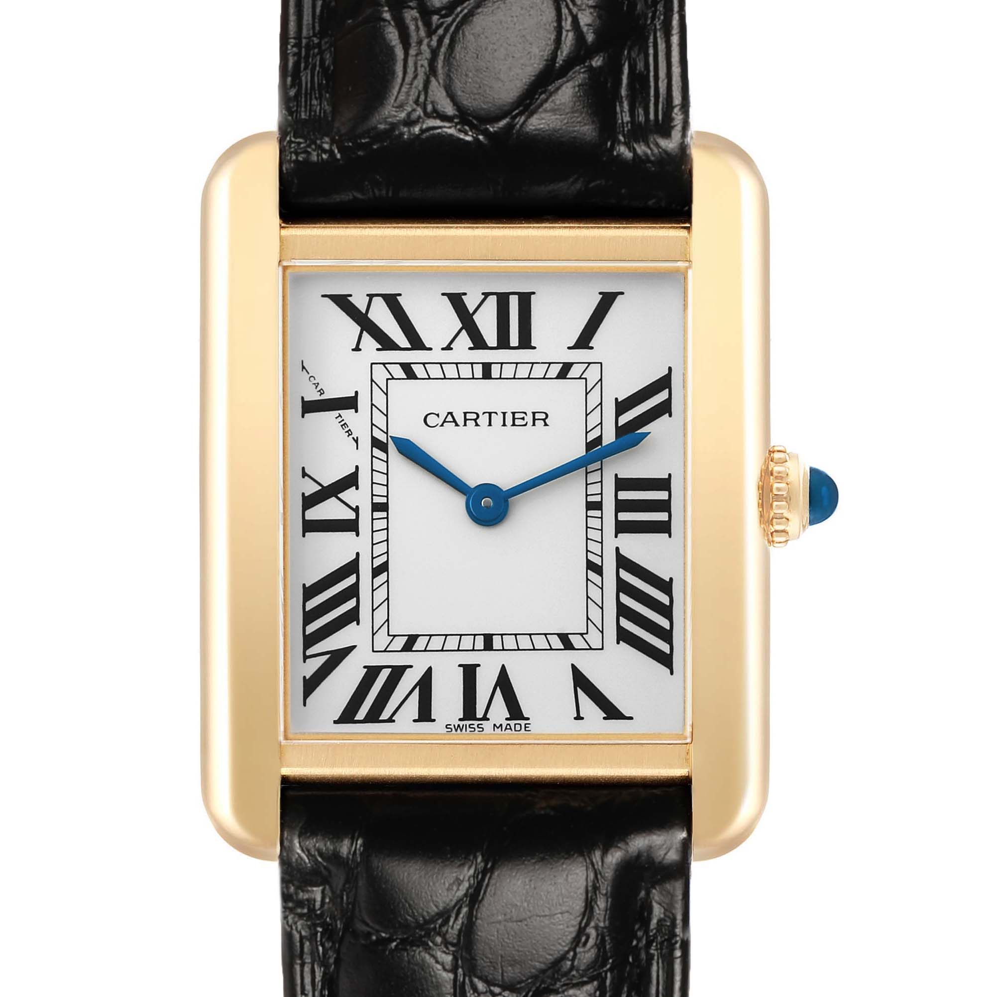 The Cartier Tank Solo W1018755 Women's Yellow Gold Silver Dial watch is shown from the front, displaying its face, strap, and crown with a blue cabochon.