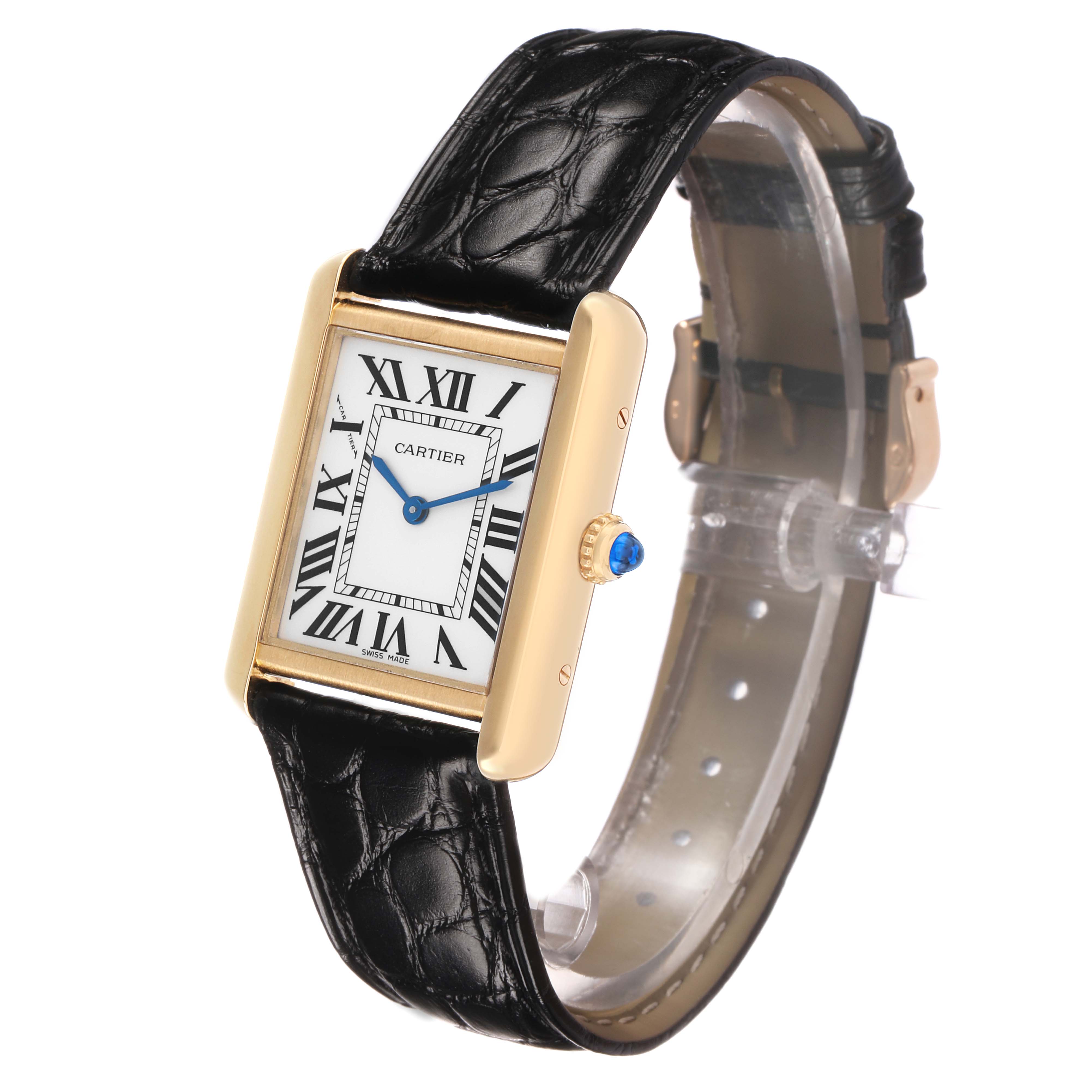 The Cartier Tank Solo W1018755 Women's Yellow Gold Silver Dial watch is shown at a three-quarter angle, highlighting its rectangular face, Roman numerals, and a black leather strap.