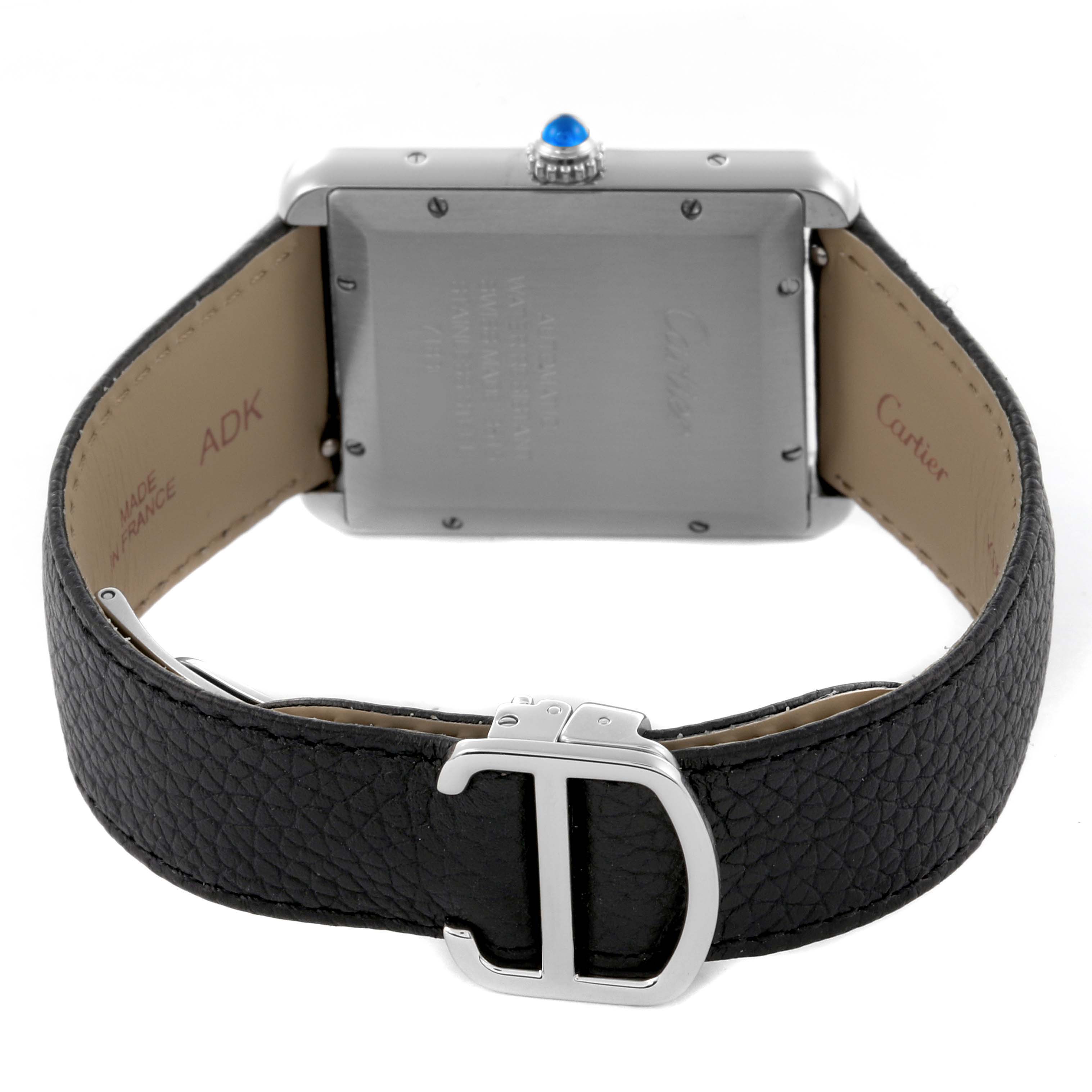 The image shows the back of the Cartier Tank Solo W5200027 Men's Stainless Steel Silver Dial W5200027 Men's Stainless Steel Silver Dial watch, highlighting the case, clasp, and leather strap.