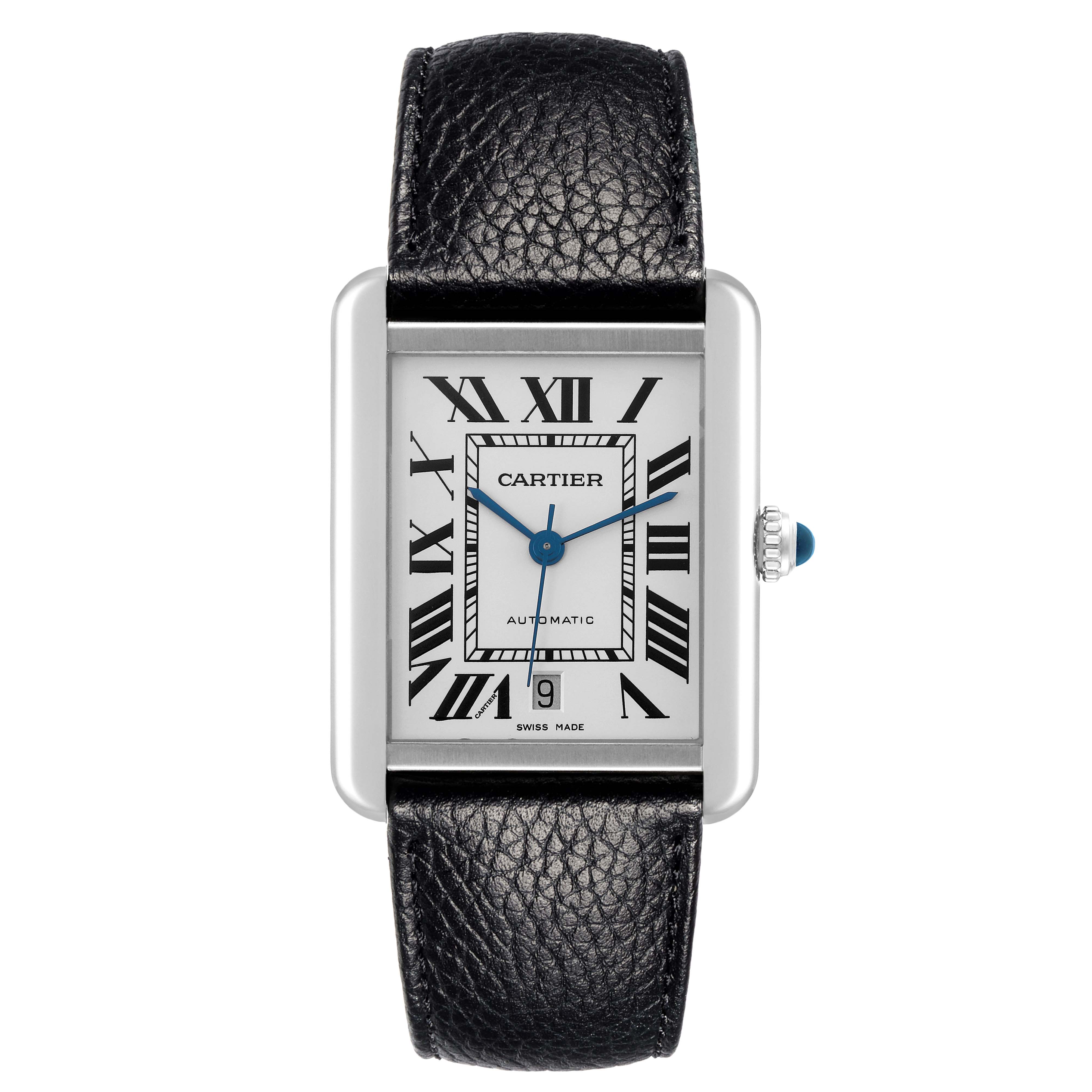 The Cartier Tank Solo W5200027 Men's Stainless Steel Silver Dial W5200027 Men's Stainless Steel Silver Dial watch is shown from the front, displaying its rectangular face, roman numerals, and leather strap.